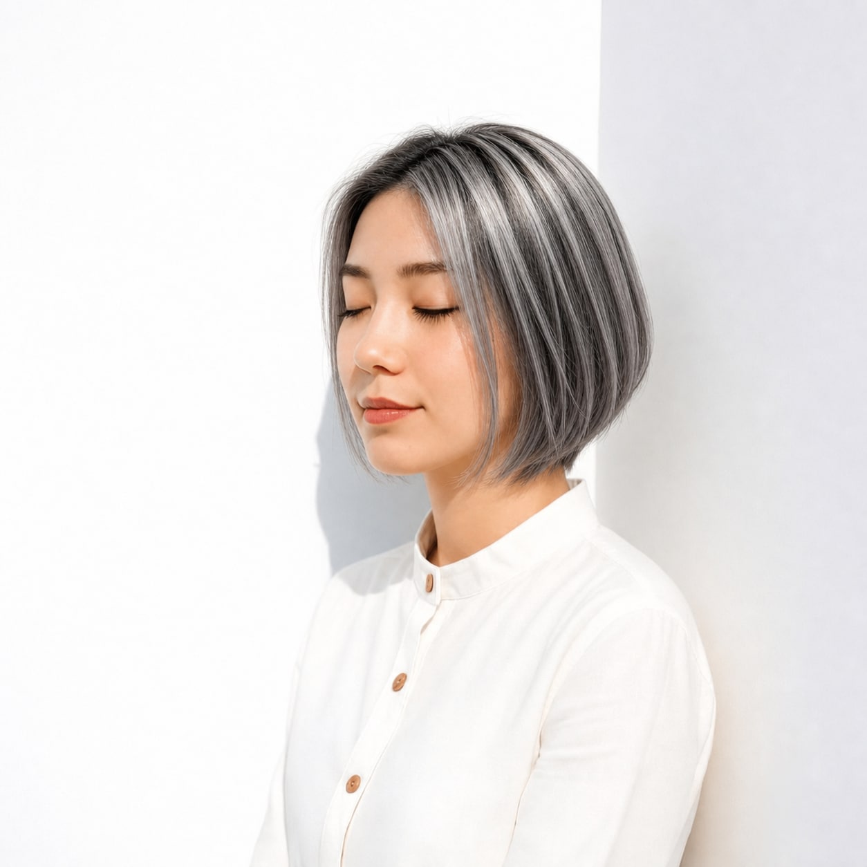 20. シルバーアッシュ×ストレートボブ: ストレートボブのラインが端正な印象になる