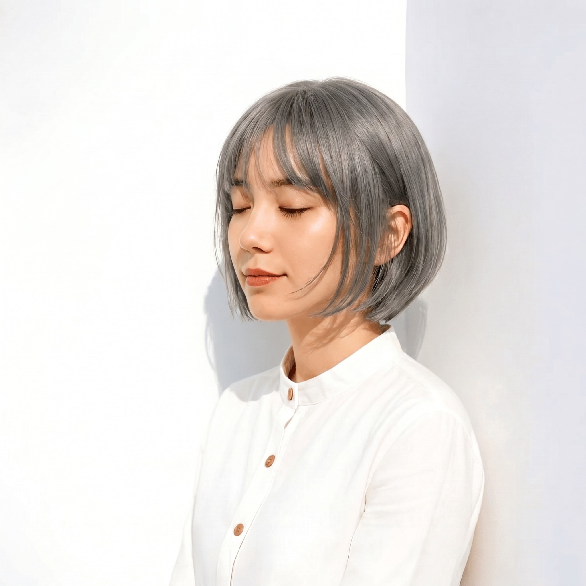 20. シルバーグレー×透け感ボブ: 青みを帯びた色みで黄ばみを抑えた軽やかな印象に