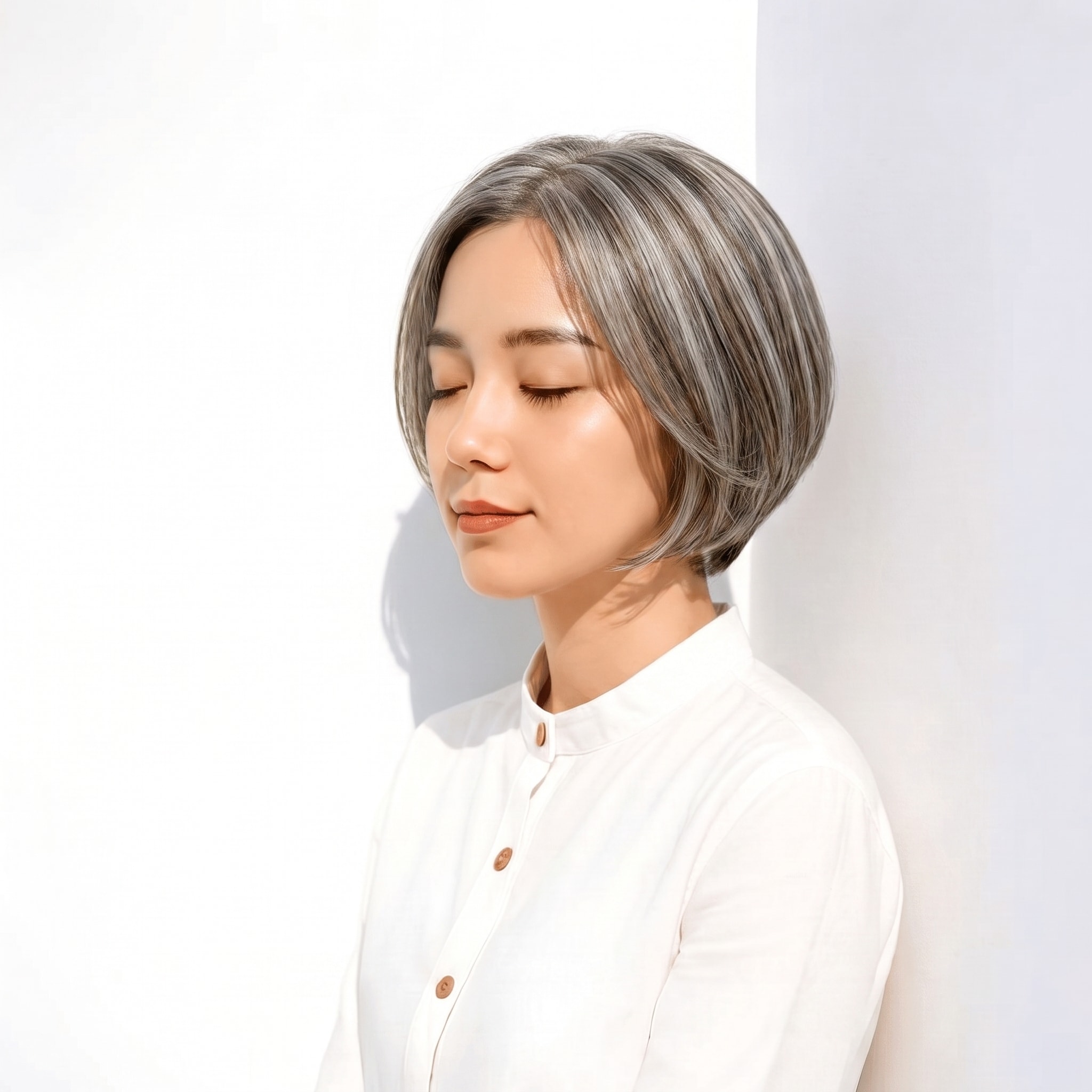 20. シルバーグレージュ×ストレートボブ: 白いラインと暗め部分でボブが引き締まる