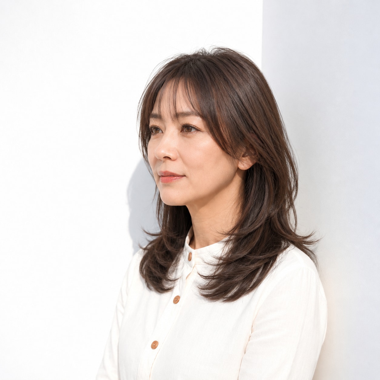 9. セミロングレイヤー × 薄め前髪：軽やかな大人カジュアル