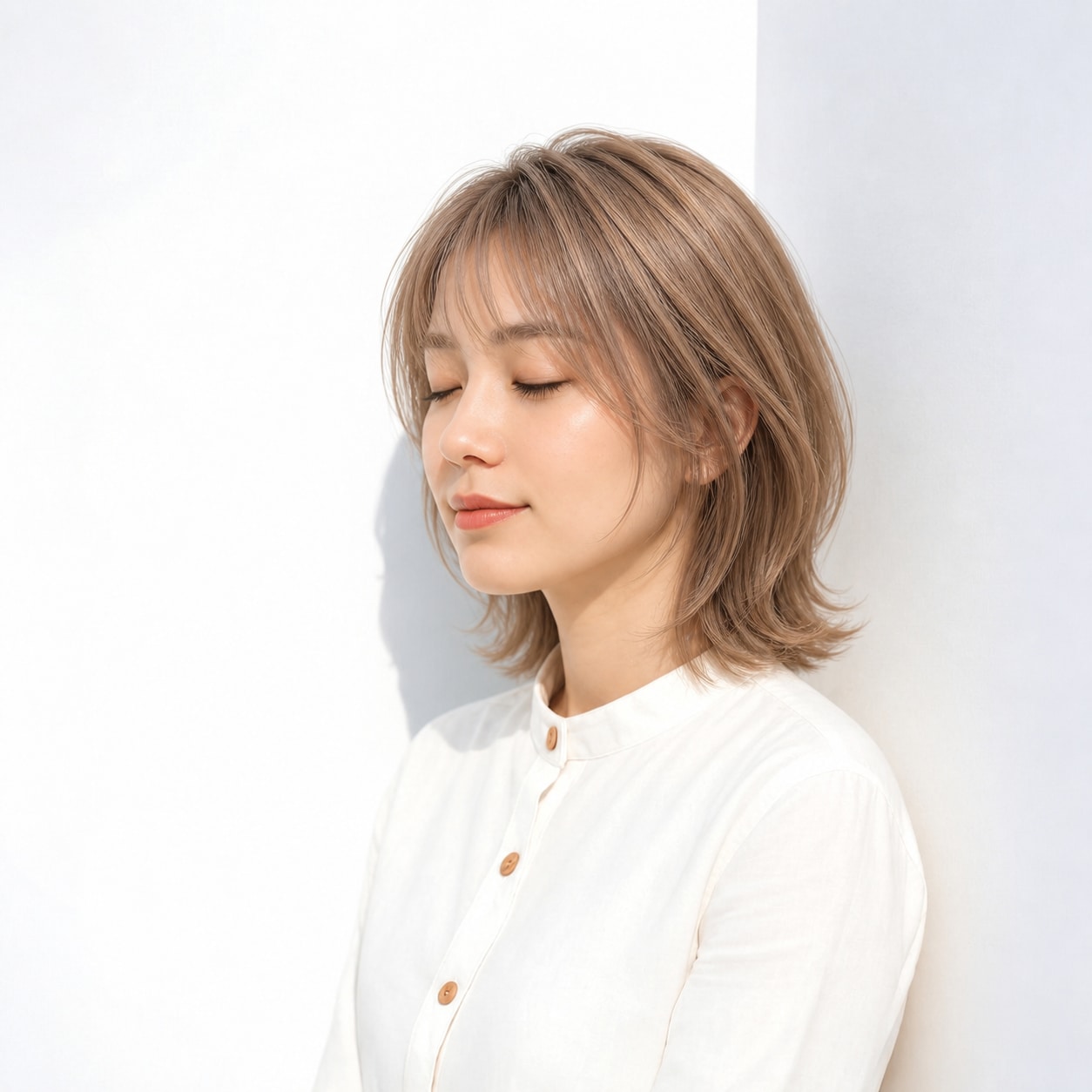 薄めの前髪とふんわりしたボブのハニーベージュ