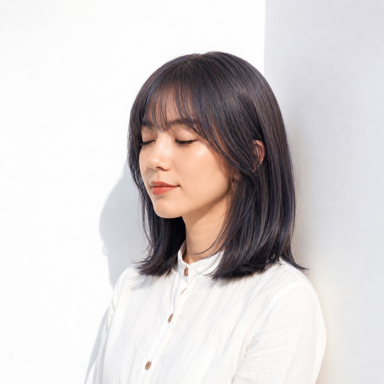 20. ブルーブラウン×ミディアムレイヤー: 深みのある色みでシャープな印象に