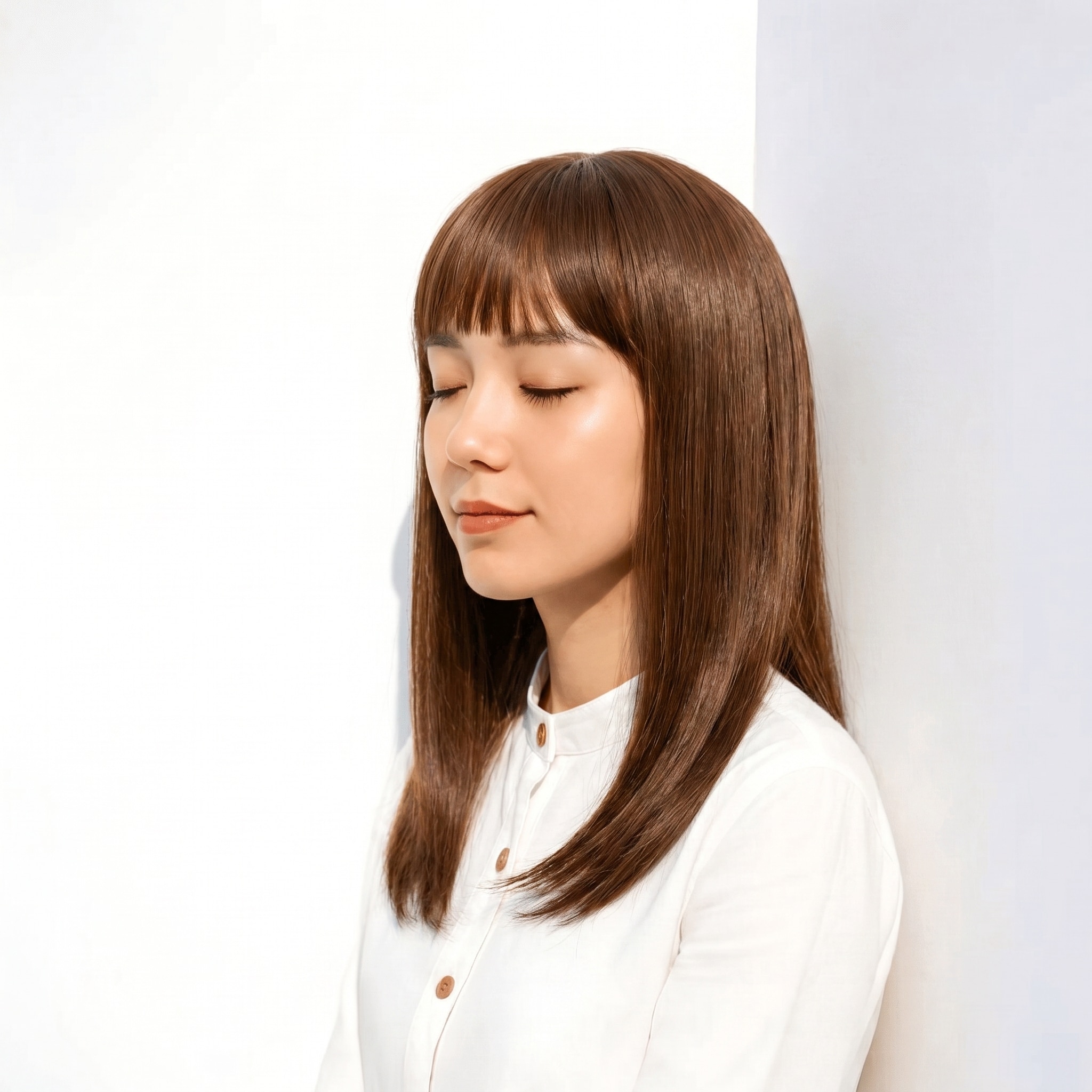 20. マロンベージュ×ワンカラー: 均一な艶で端正なIラインを演出