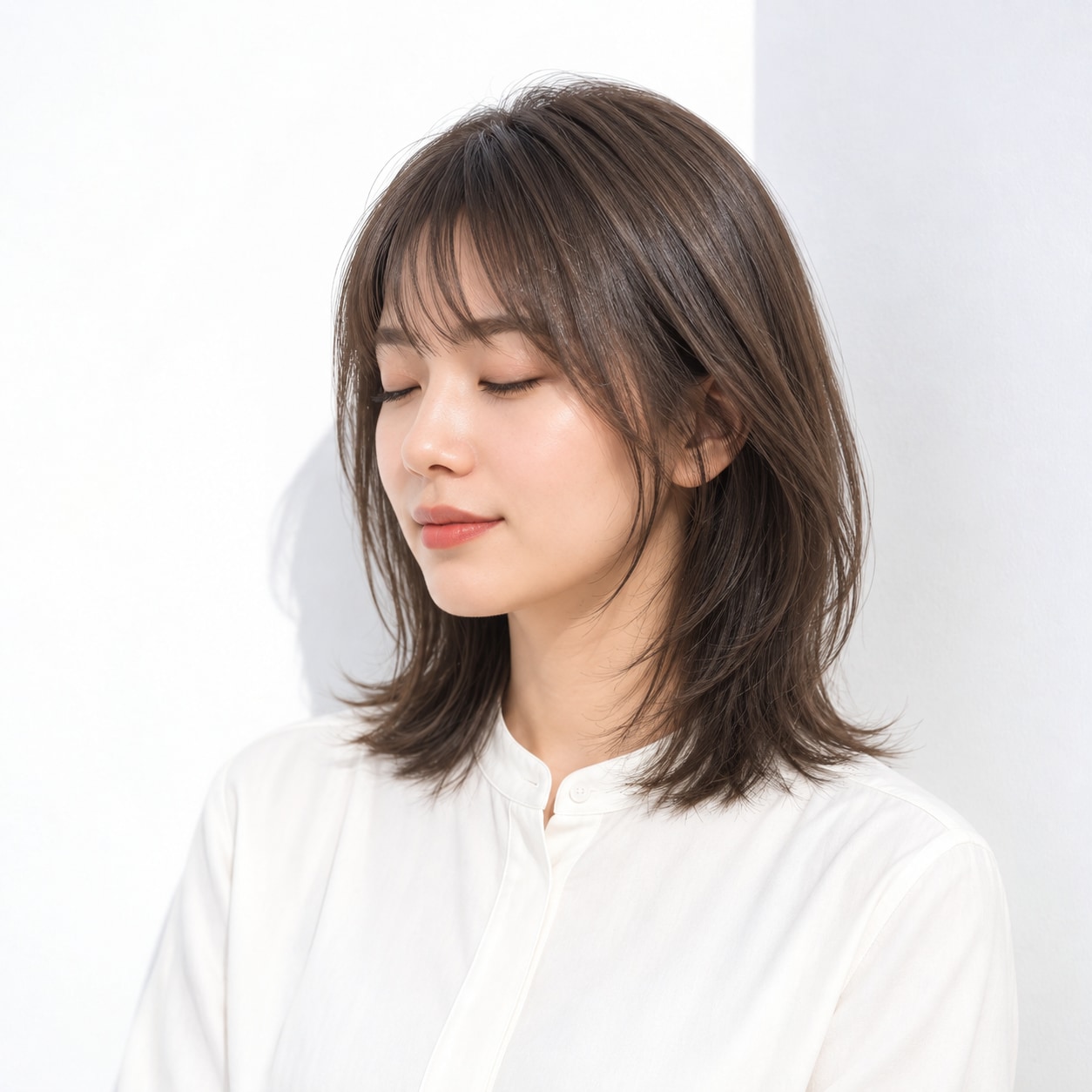 20. ミディアムレイヤー × 前髪あり × 薄め前髪：額にすき間ができ、レイヤーの軽さが顔まわりまで続きます
