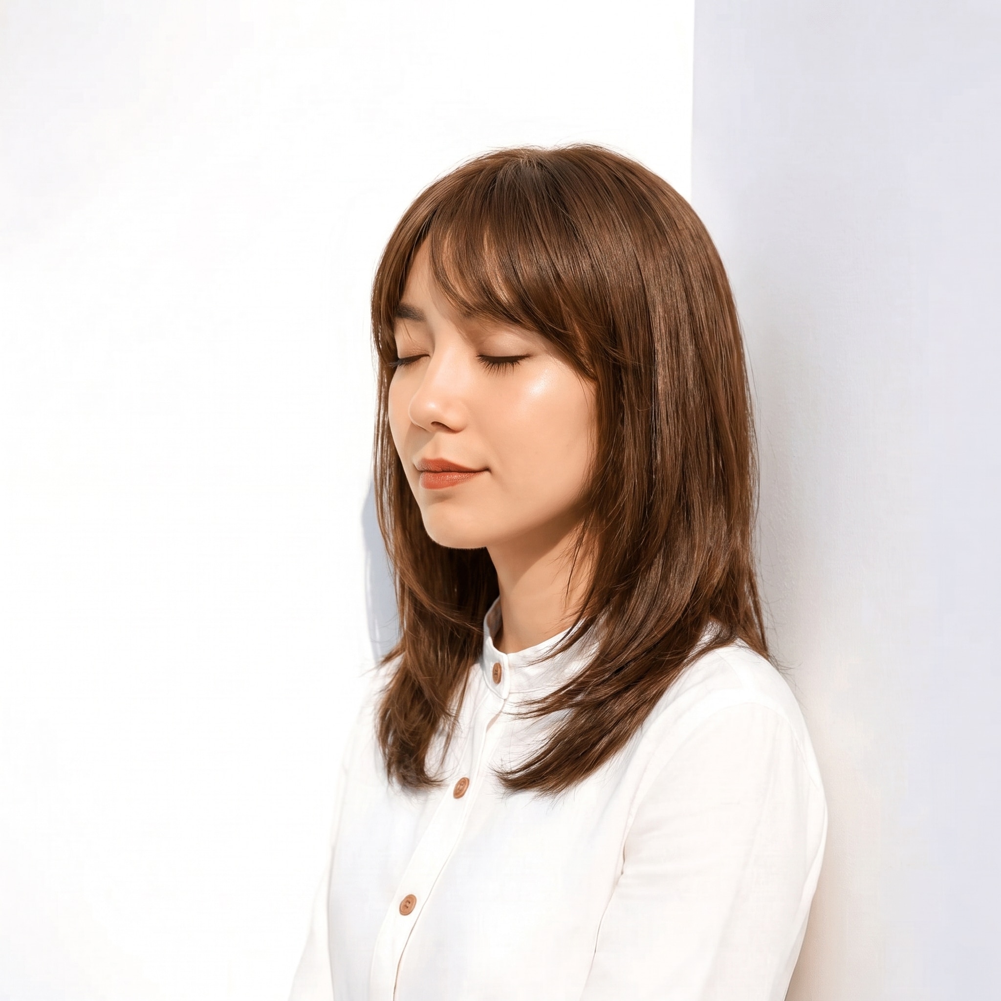 20. モカブラウン×ストレートミディアム: ベージュを含む自然なブラウンでストレートがなめらかにまとまる
