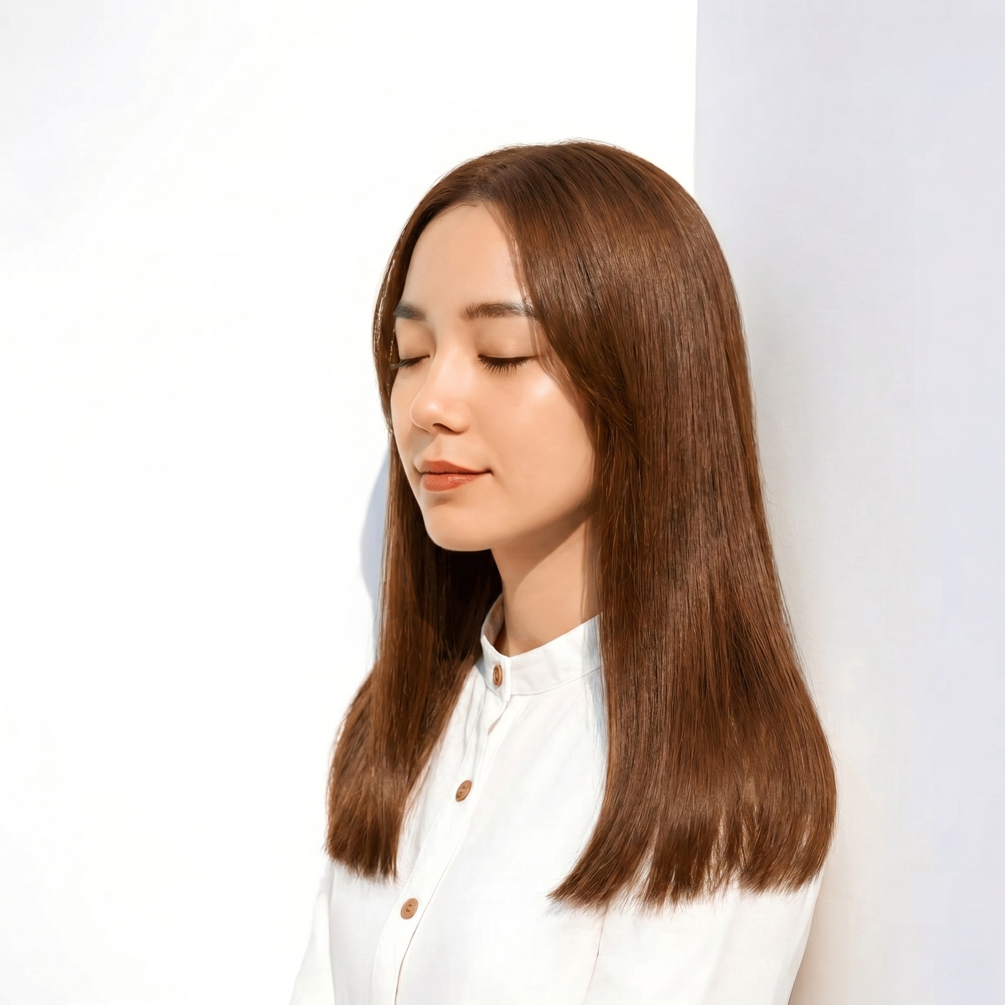 20. ライトブラウン×セミロング: 黄み寄りの色みで肌を明るく見せる