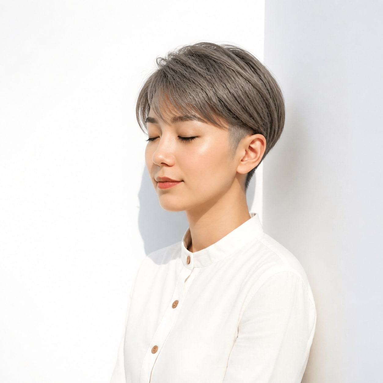 20. 刈り上げショート × グレー流し前髪：上品にまとまる