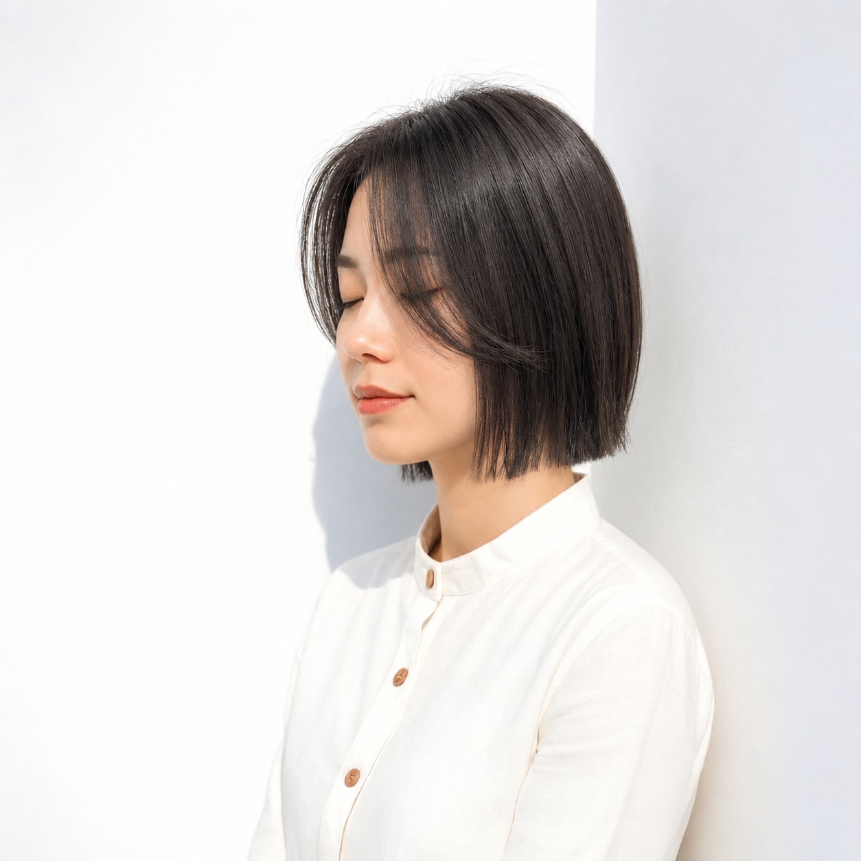 10. 長めカーテンバング × ストレートボブ：控えめに流す前髪がストレートになじむ