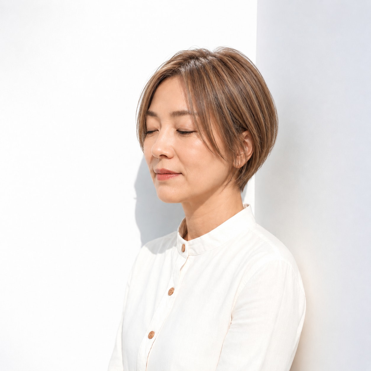 20. 頬へ流れる長い前髪 × ハイライトボブ：立体的な顔まわりに