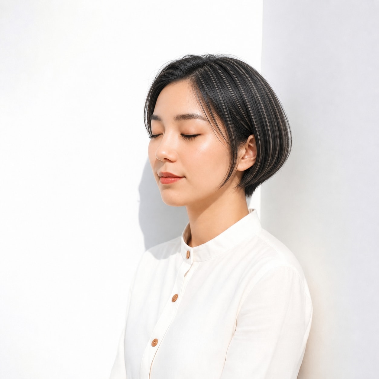 20. 黒髪ハイライト×ショートボブ: 短めヘアに明るいラインが入り立体感が出る