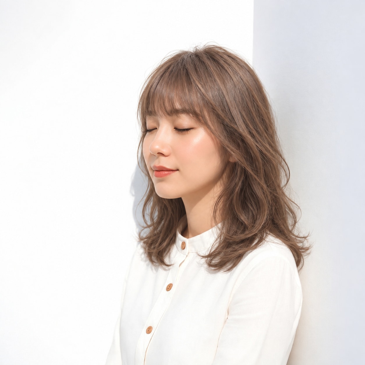 11. ゆるふわパーマ × ミディアム × ベージュブラウン：毛先の控えめな動きで自然な変化を楽しめる