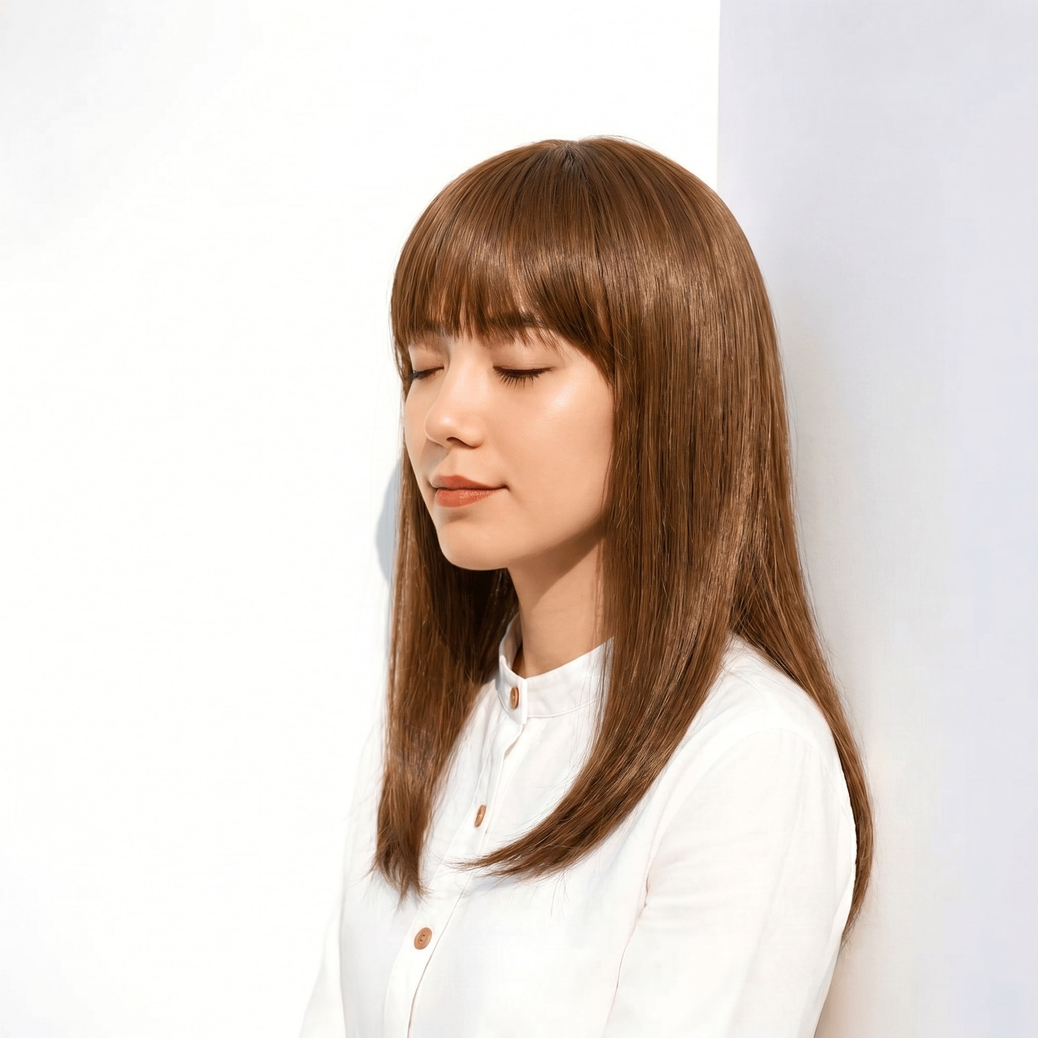21. イエローブラウン×ミディアムロング: 面のツヤと内巻き毛先で柔らかな丸みを演出