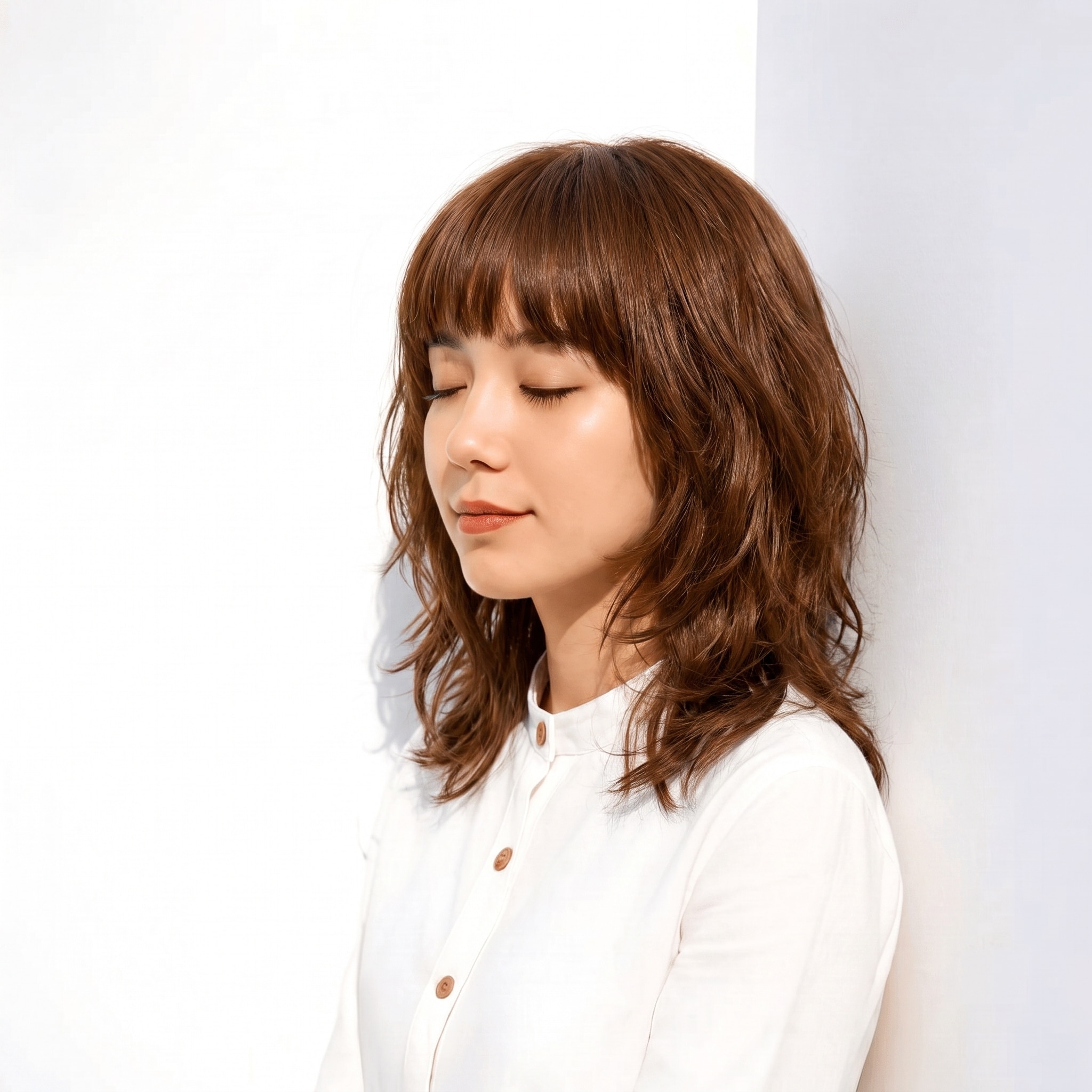 21. ココアブラウン×ウェーブボブ: 赤みと深さのある濃厚ブラウンでウェーブが柔らかく出る
