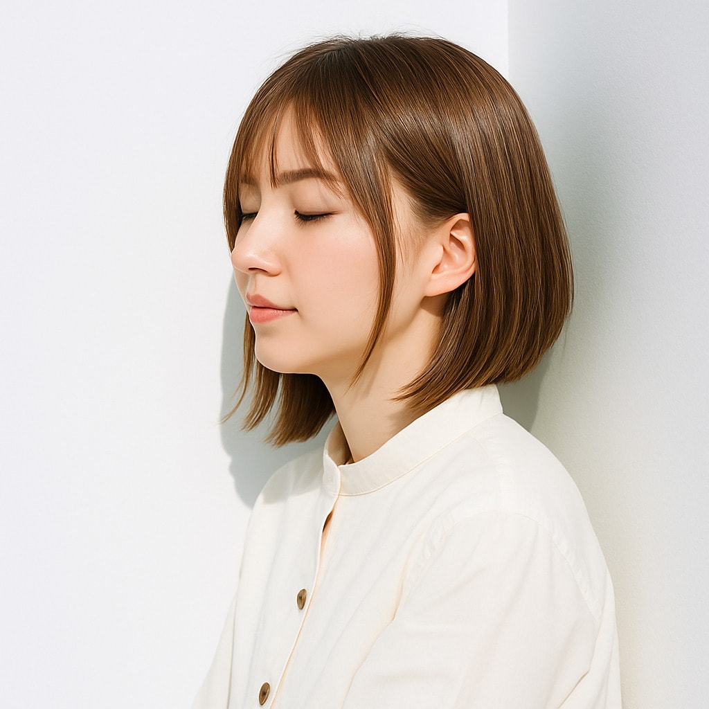 21. シフォンベージュ×ショートボブ：シンプルなスタイルに女性らしさをプラス