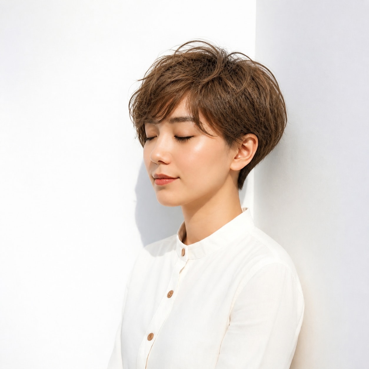 21. ショートパーマ × ライトブラウン：毛先の細かな動きでショートがふんわり見える