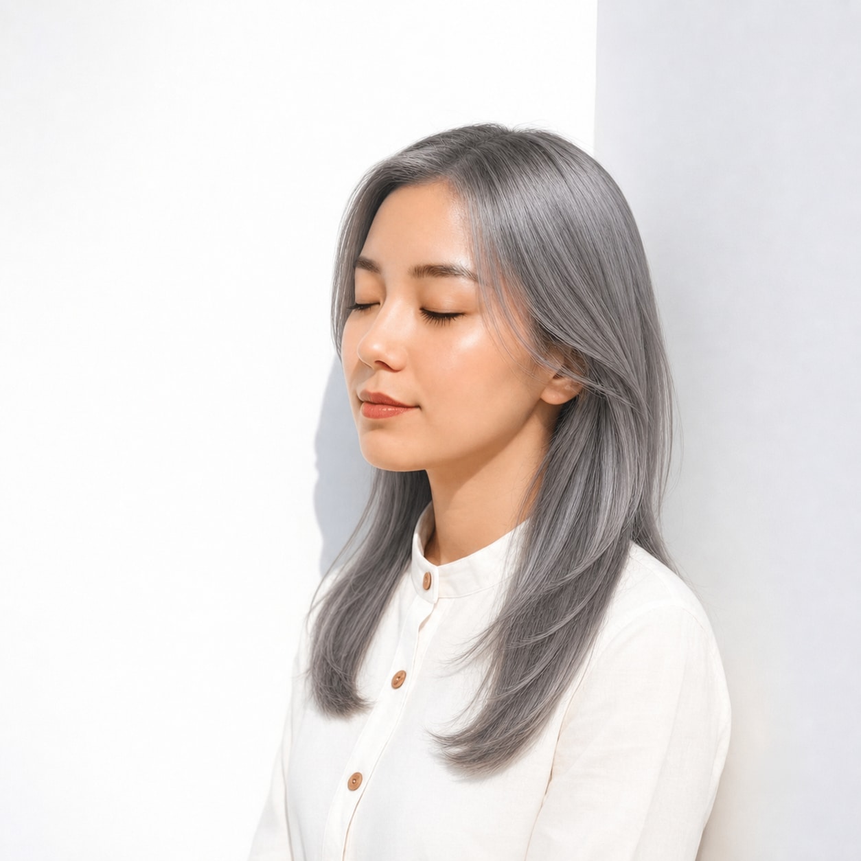 21. シルバーアッシュ×ストレートロング: ロングの毛流れに白っぽいツヤが出る