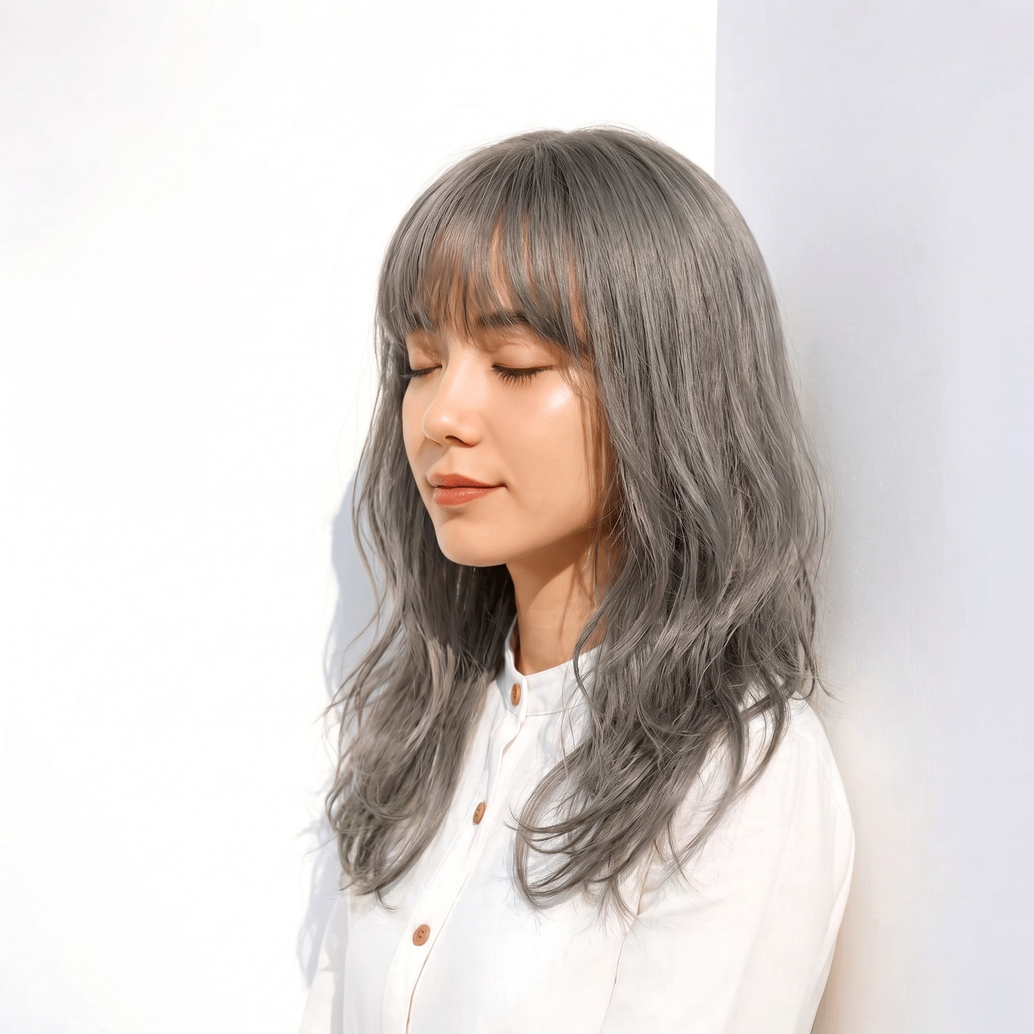21. シルバーグレージュ×ウェーブロング: くすんだ寒色で巻き髪が甘くなりすぎない