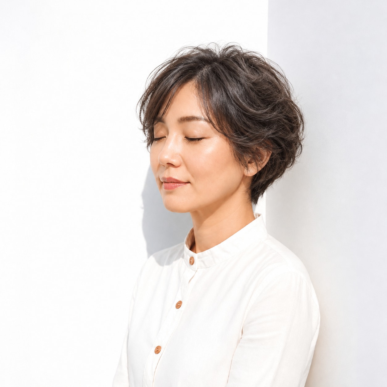 21. ダークカラーのショートパーマ × 長い前髪：落ち着いた可愛らしさに