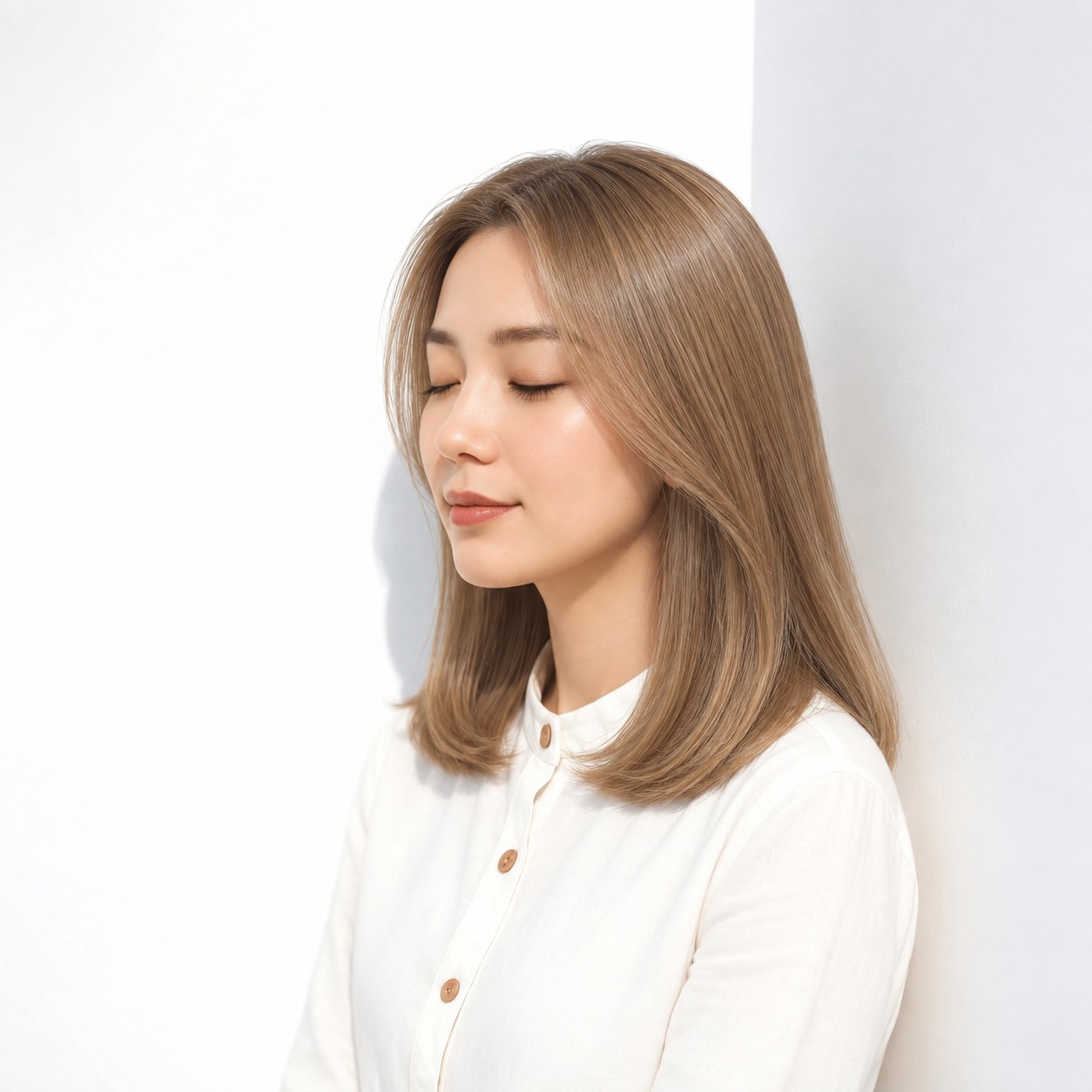前髪なしの肩丈ヘアに合わせた自然なハニーベージュ