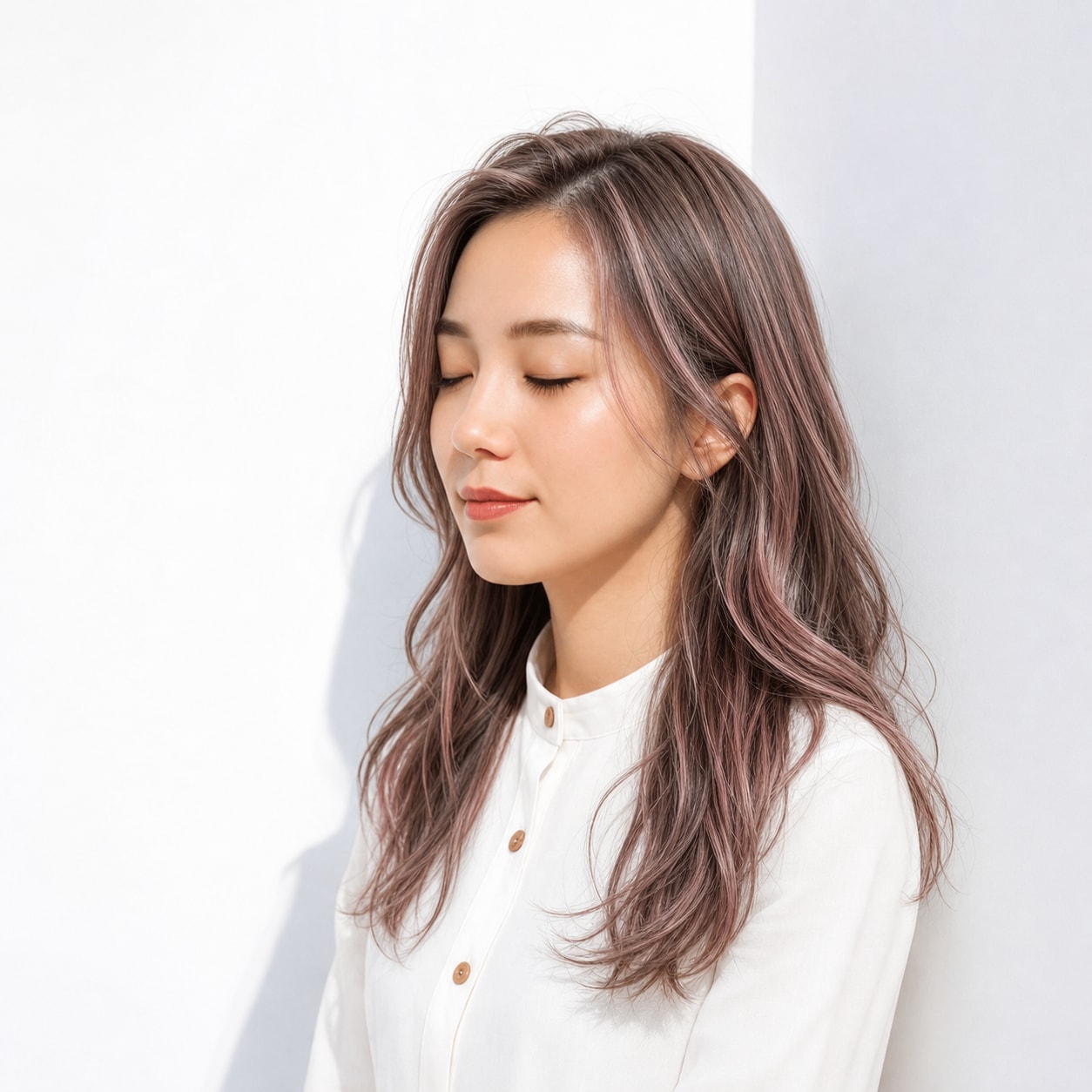 21. ピンクハイライト×ウェーブロング: 大人っぽい暖色の変化が巻き髪に出る
