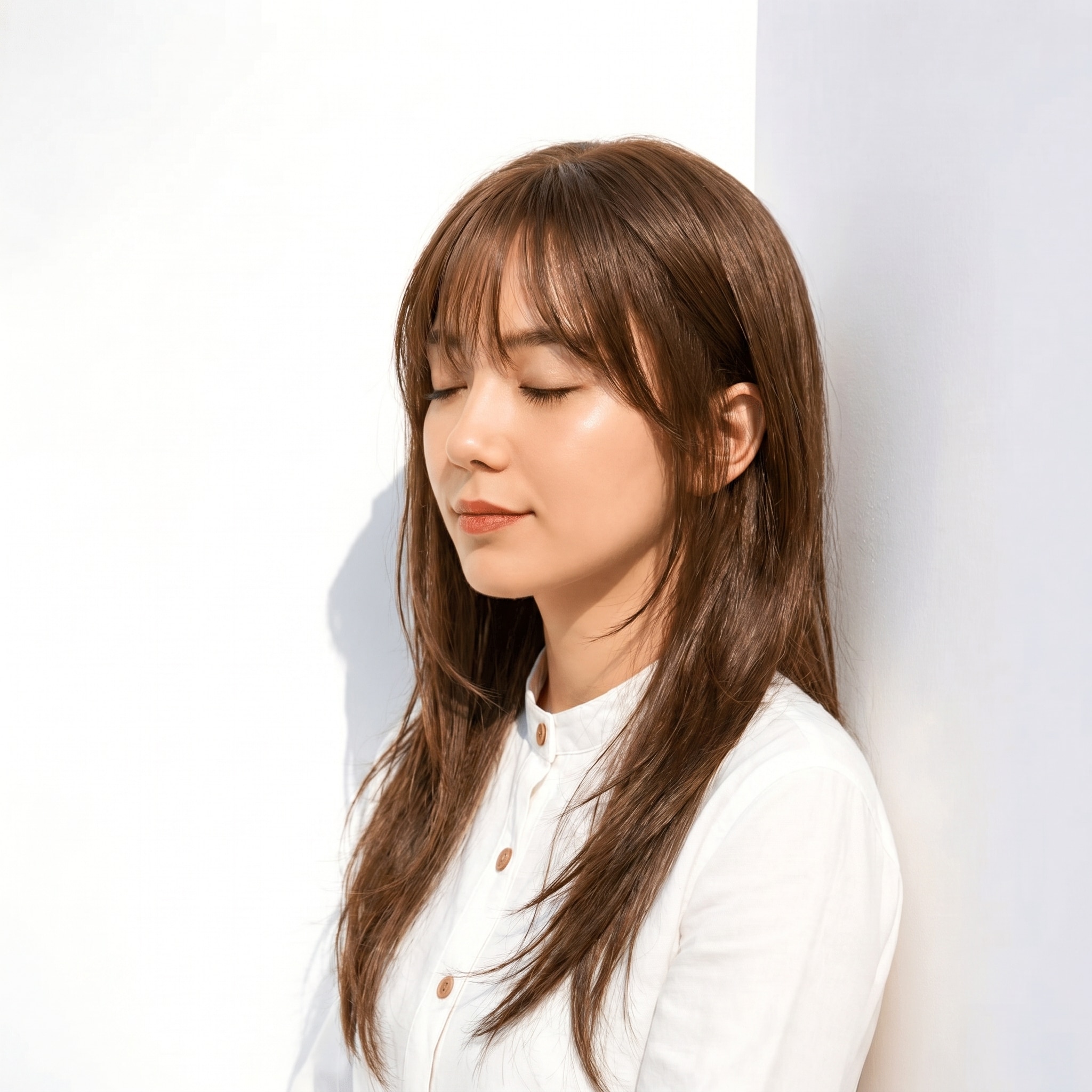 21. ブリーチなしミルクティーベージュ×透明感: 縦ラインをすっきり見せるミディアムロング