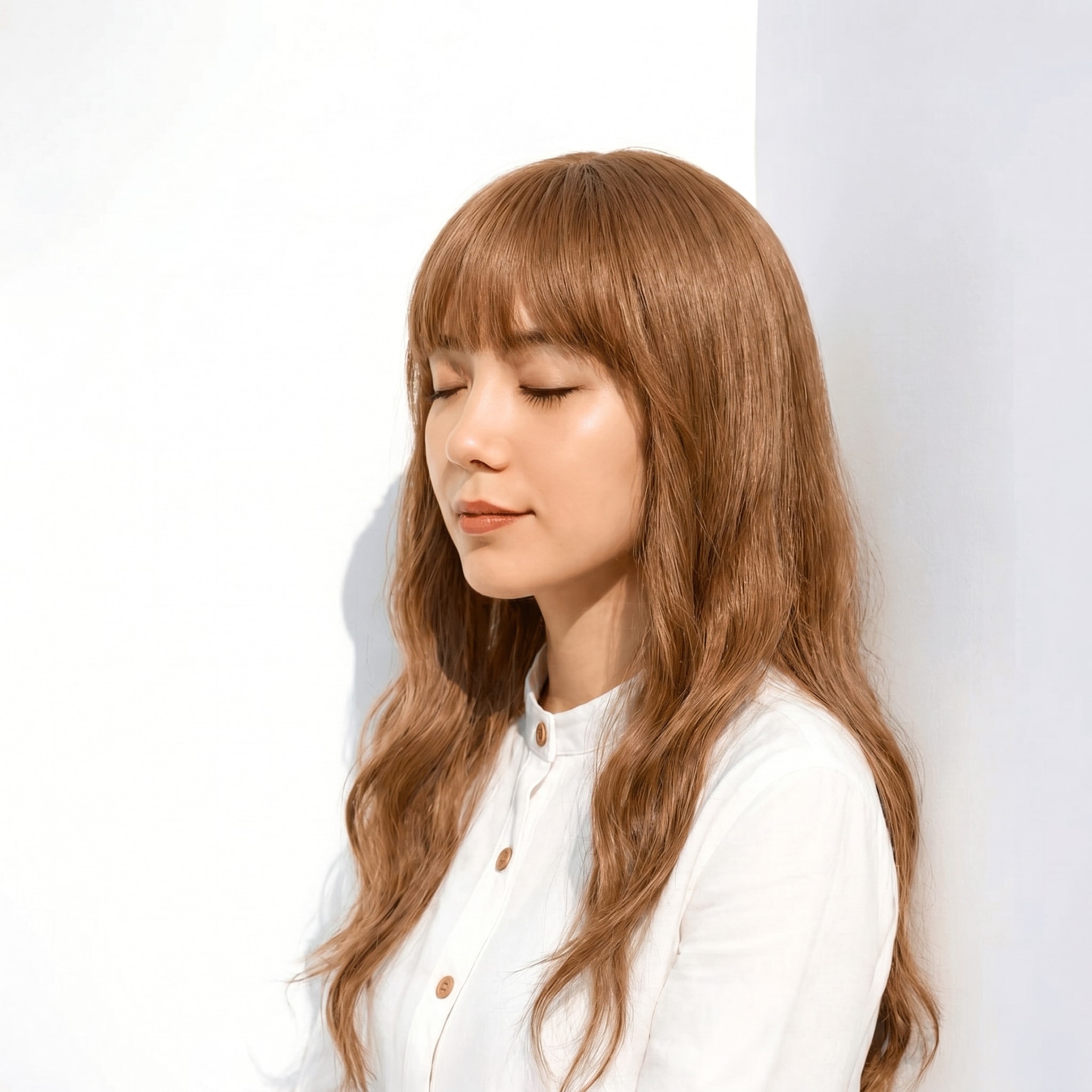 21. ライトブラウン×垢抜け: 洗練されたナチュラルシルエットで魅力アップ