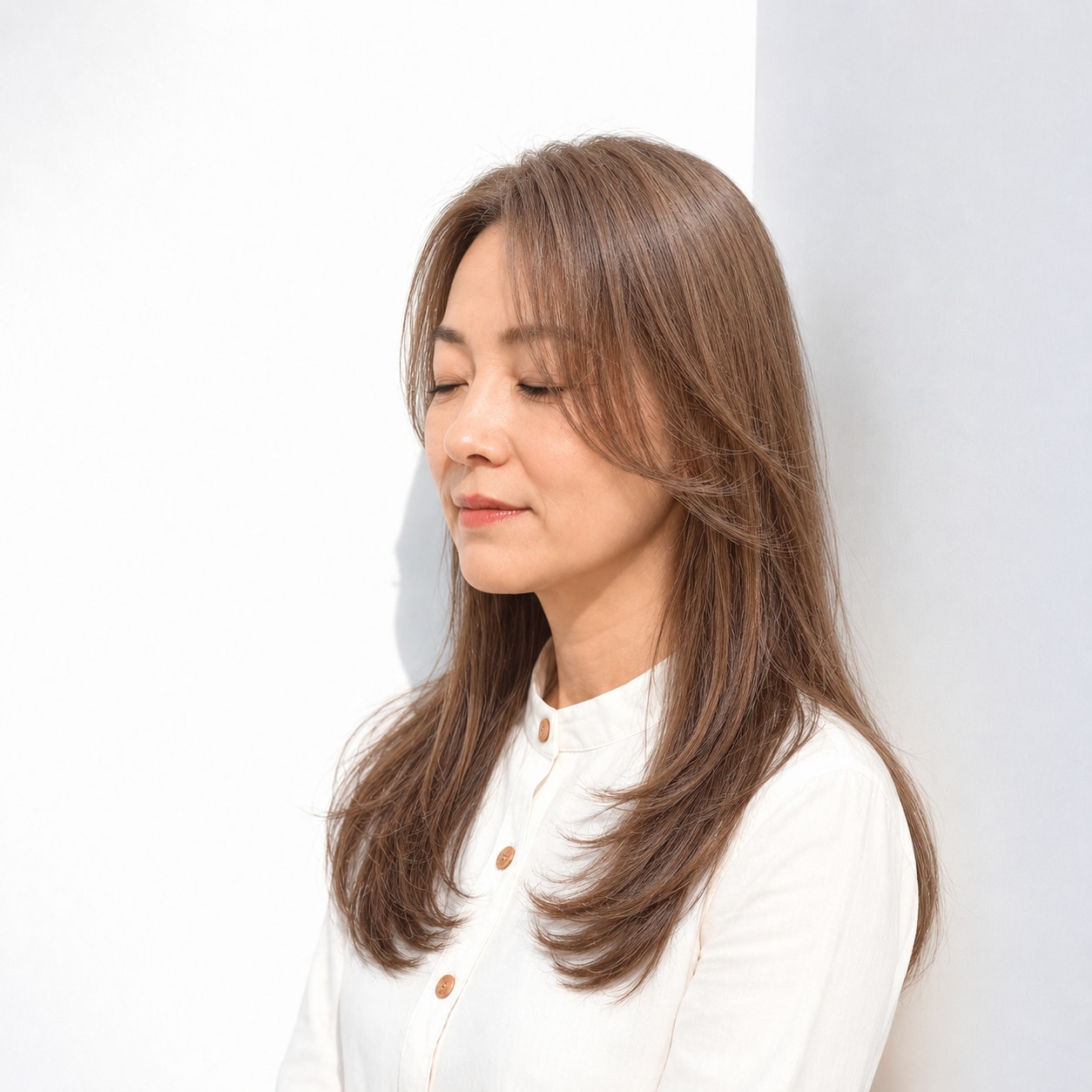 21. 長いカーテンバング × ロング：顔まわりを軽く包む