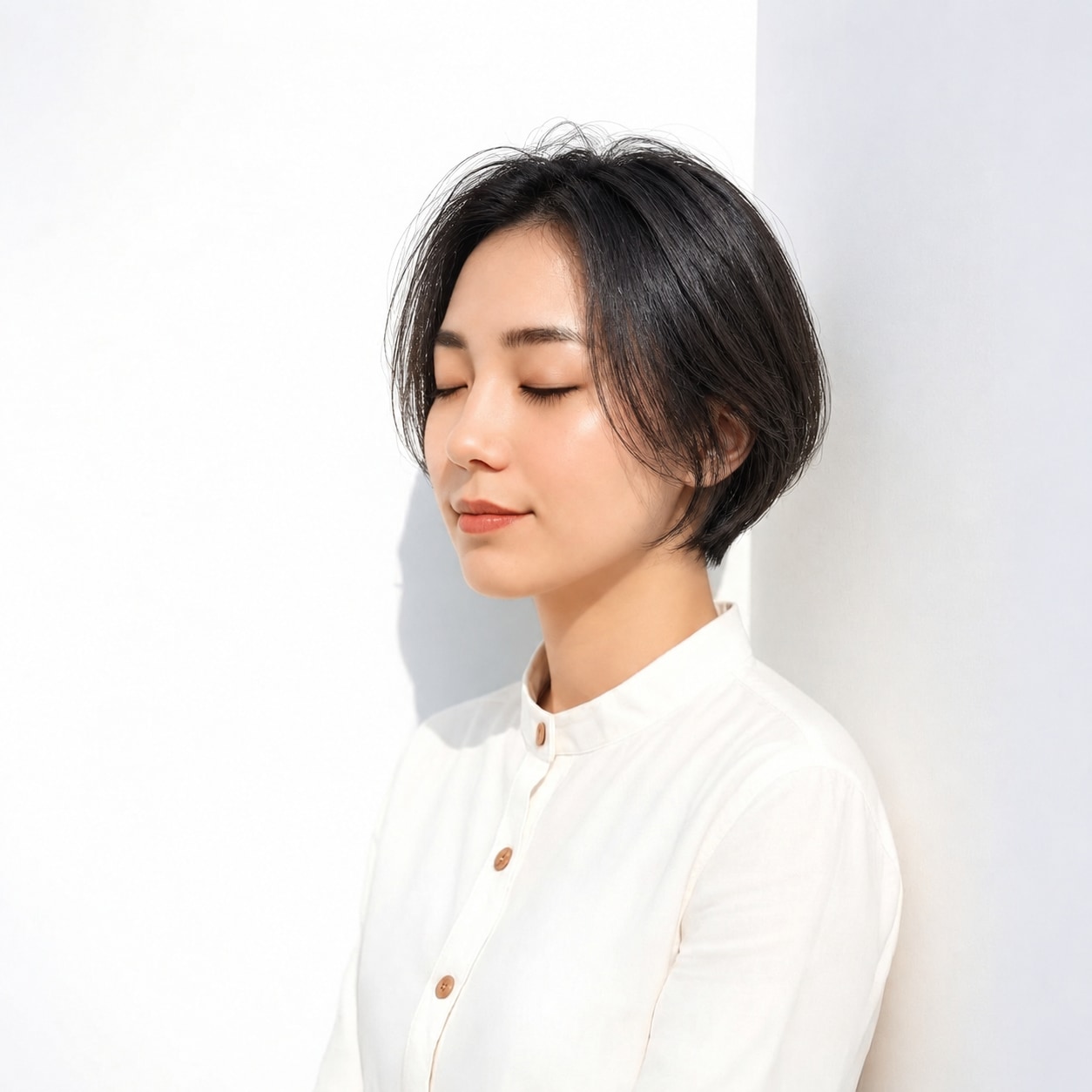 12. 黒髪ショートボブ × 長め顔まわり：細い束で頬をやさしく包む