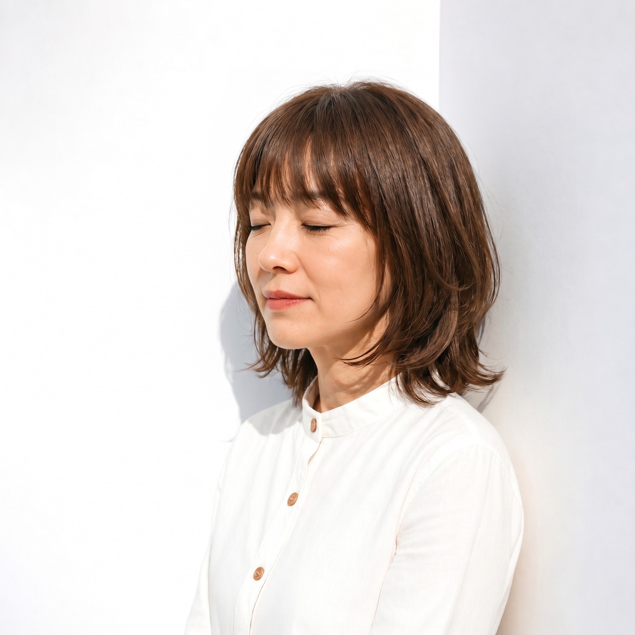 22. くびれミディアムヘア：自然なくびれで軽やかさを演出
