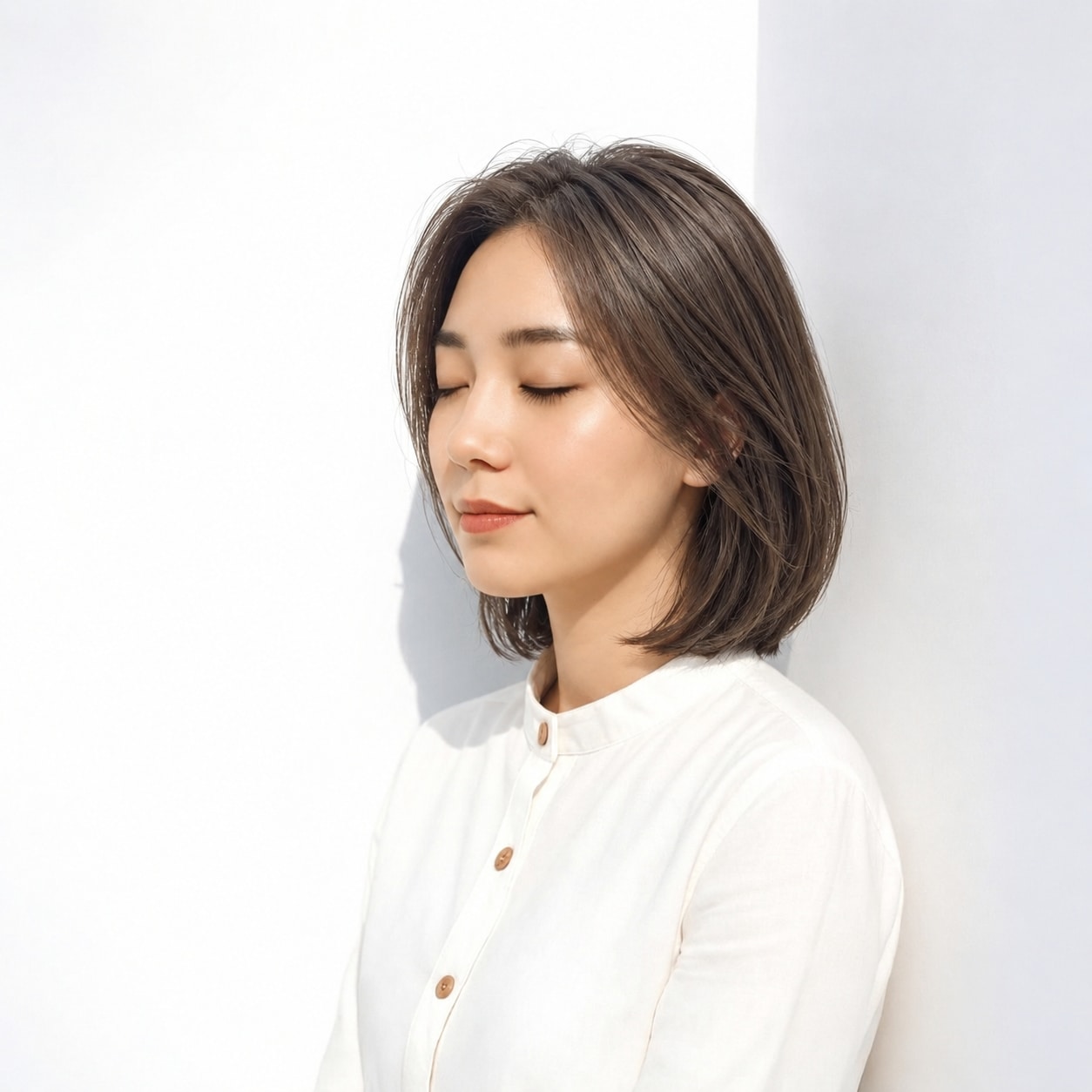 13. ひし形ボブ × ダークアッシュ：落ち着いた色でもふんわりした立体感が出る