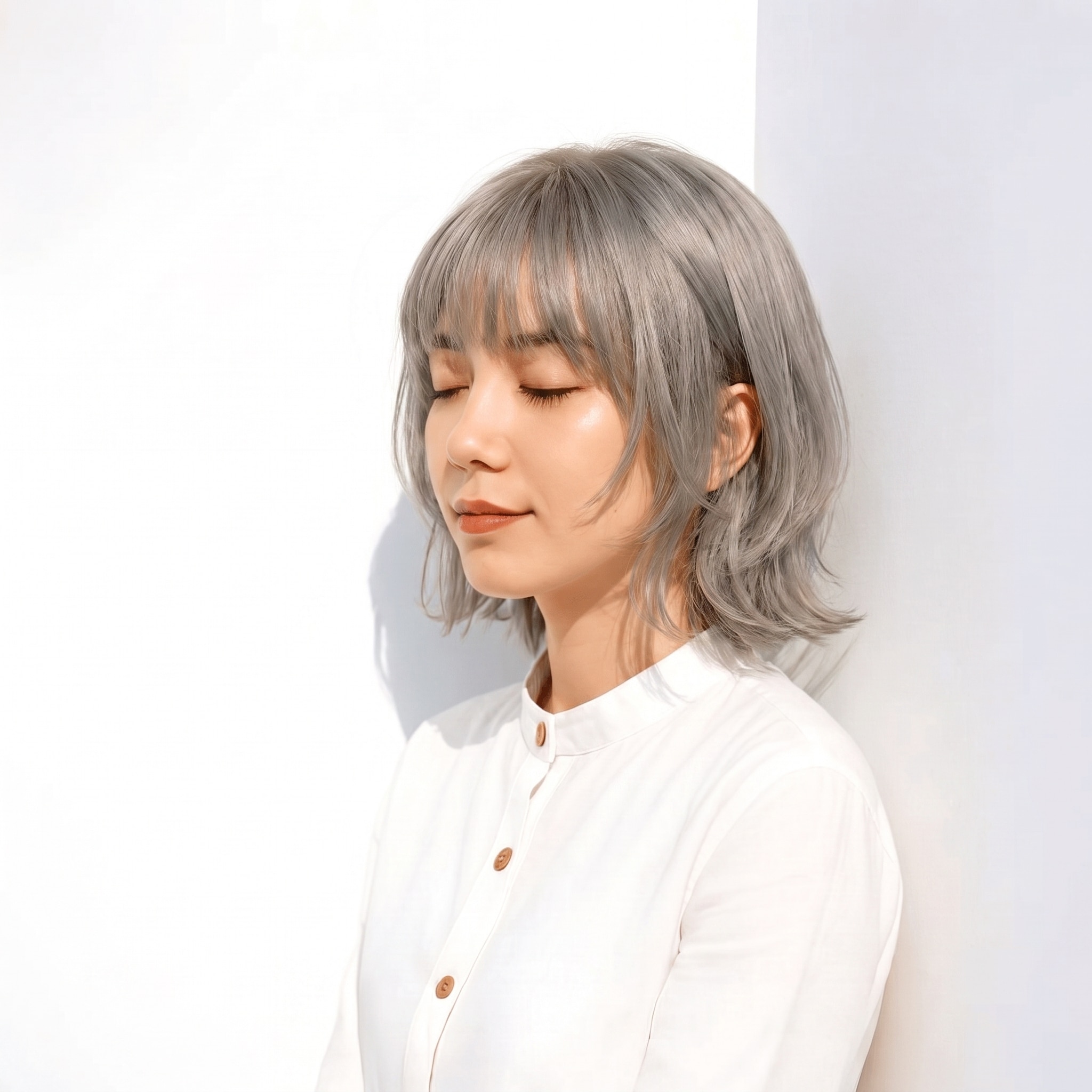 22. シルバーグレージュ×外ハネボブ: 毛先の光で外ハネボブに軽さが出る