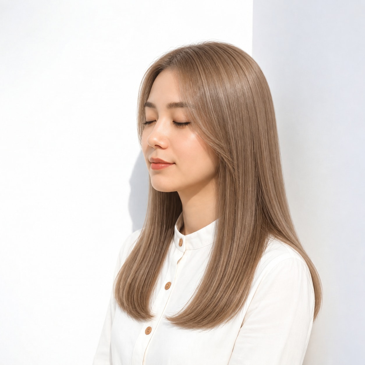 ストレートロングに合わせたつややかなハニーベージュ