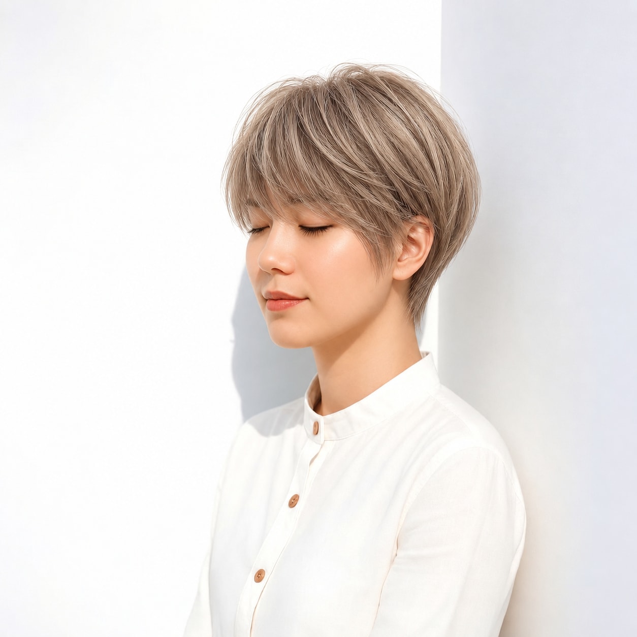 16. ハンサムショート × ベージュ：丸い前髪がショートのかっこよさを和らげる
