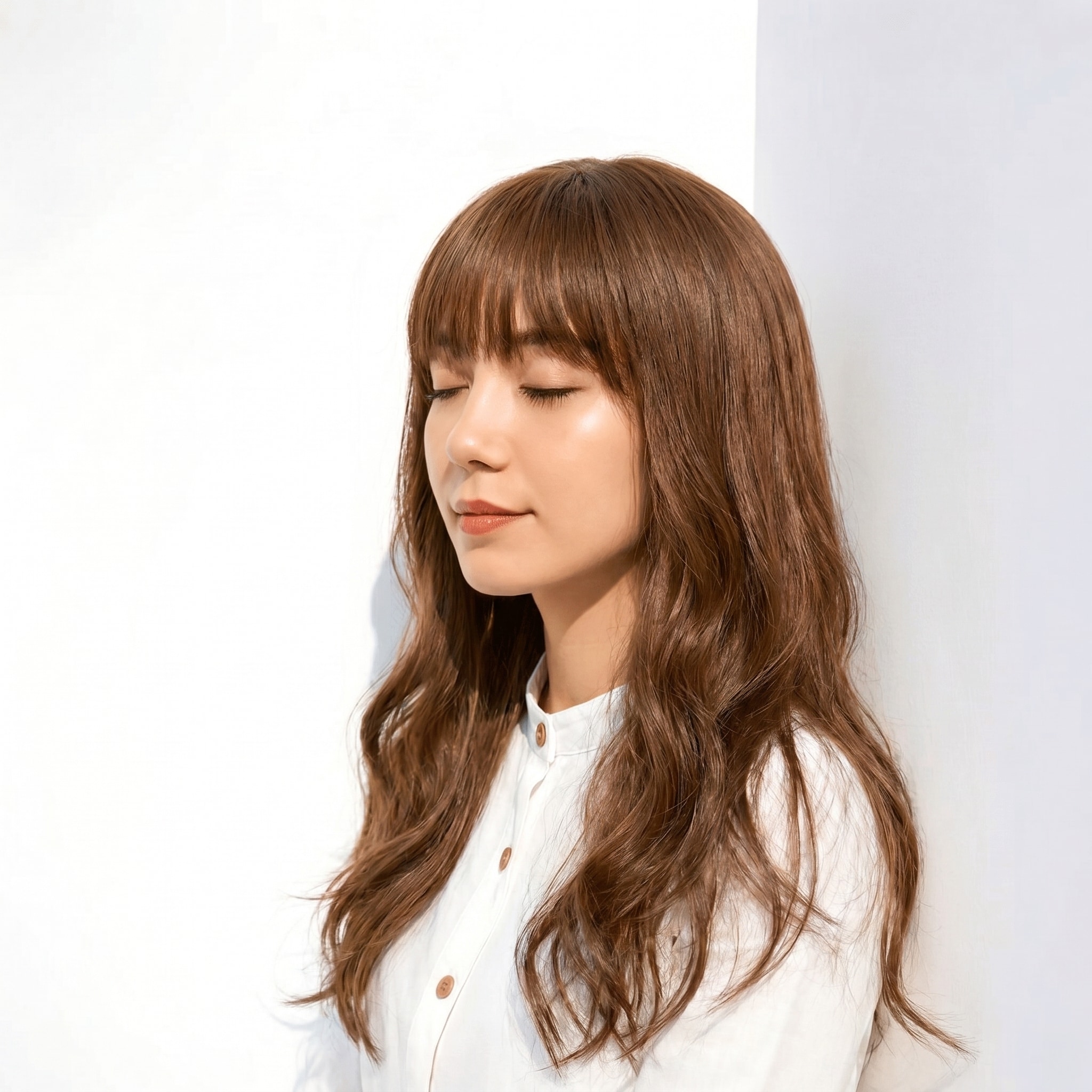 22. ブリーチなしミルクティーベージュ×フルバング: 甘さと抜け感が絶妙なAラインスタイル