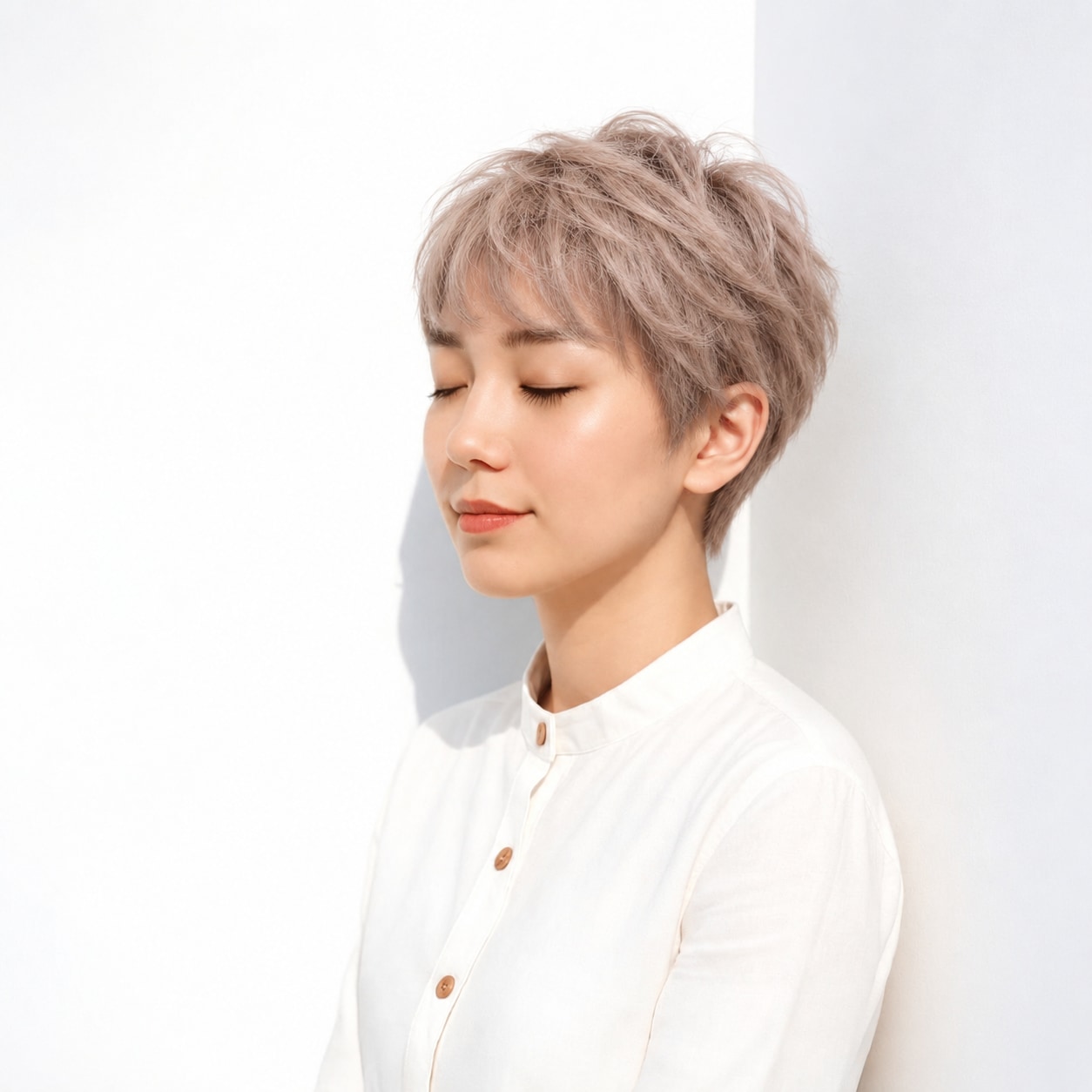8. ベリーショート × ピンクベージュ：淡い色と軽い毛束がやさしくなじむ