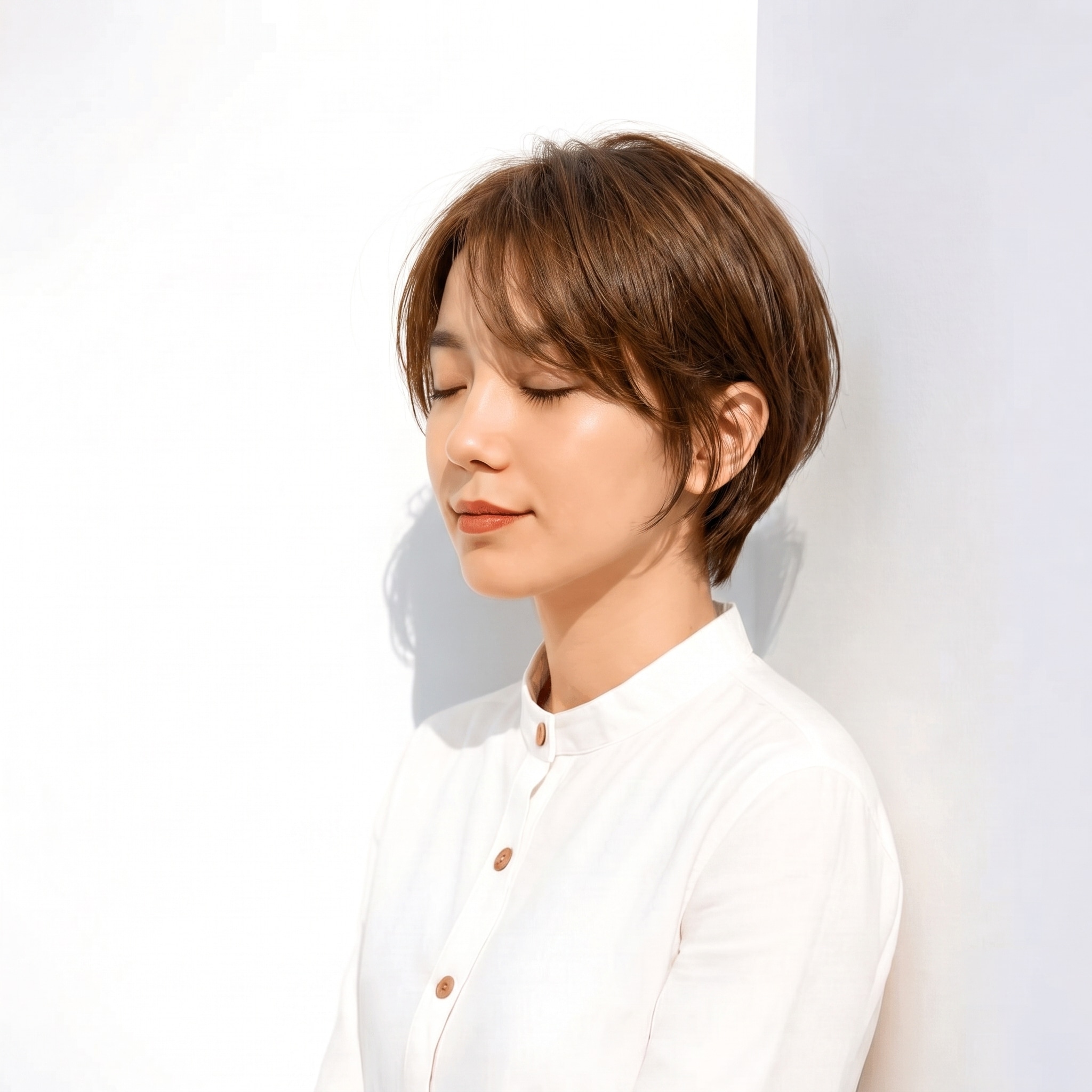 22. モカブラウン×ショート: こげ茶と赤みの中間で短めショートが端正な印象になる