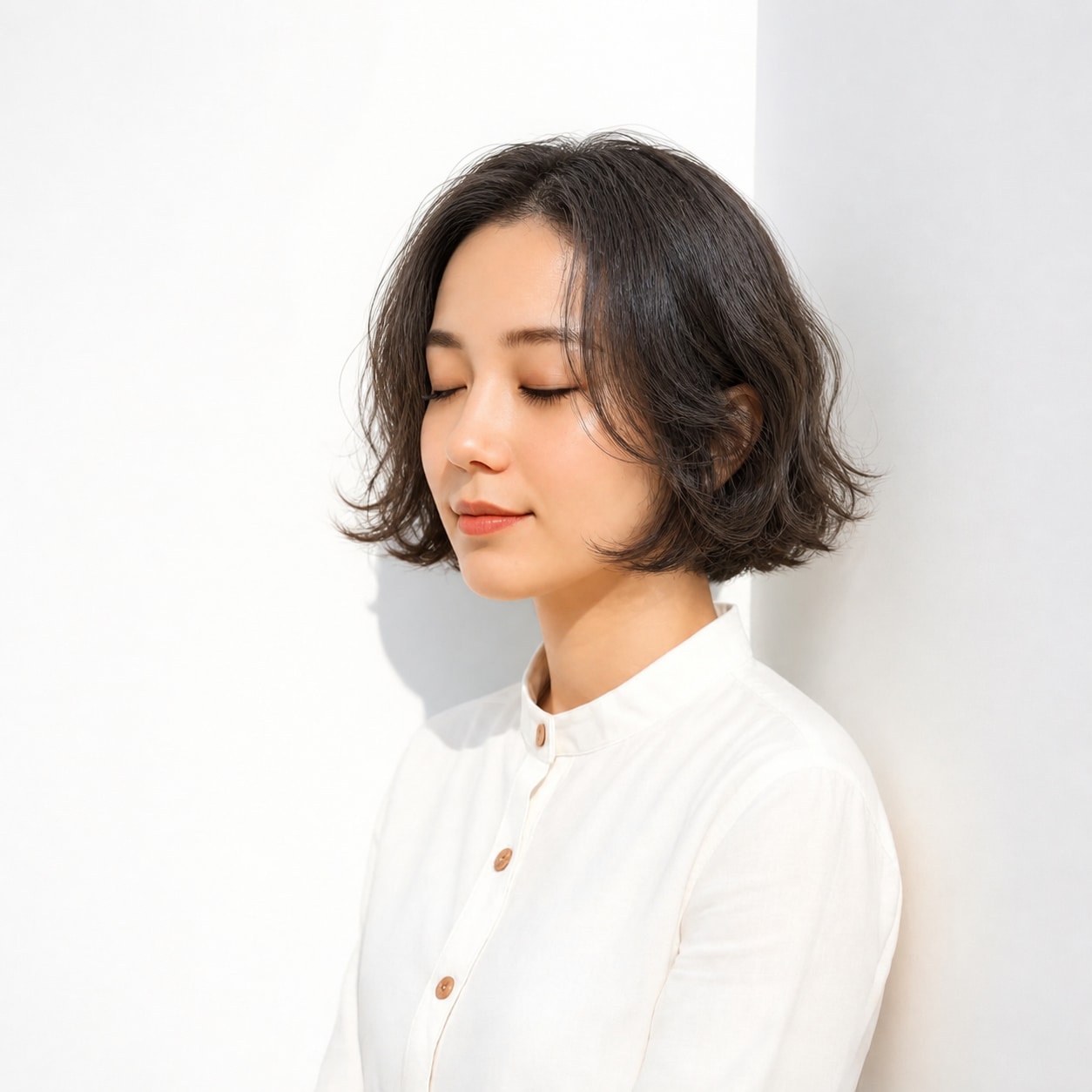22. 外ハネボブ × 前髪なし × ゆるウェーブ：短い毛先を華やかに