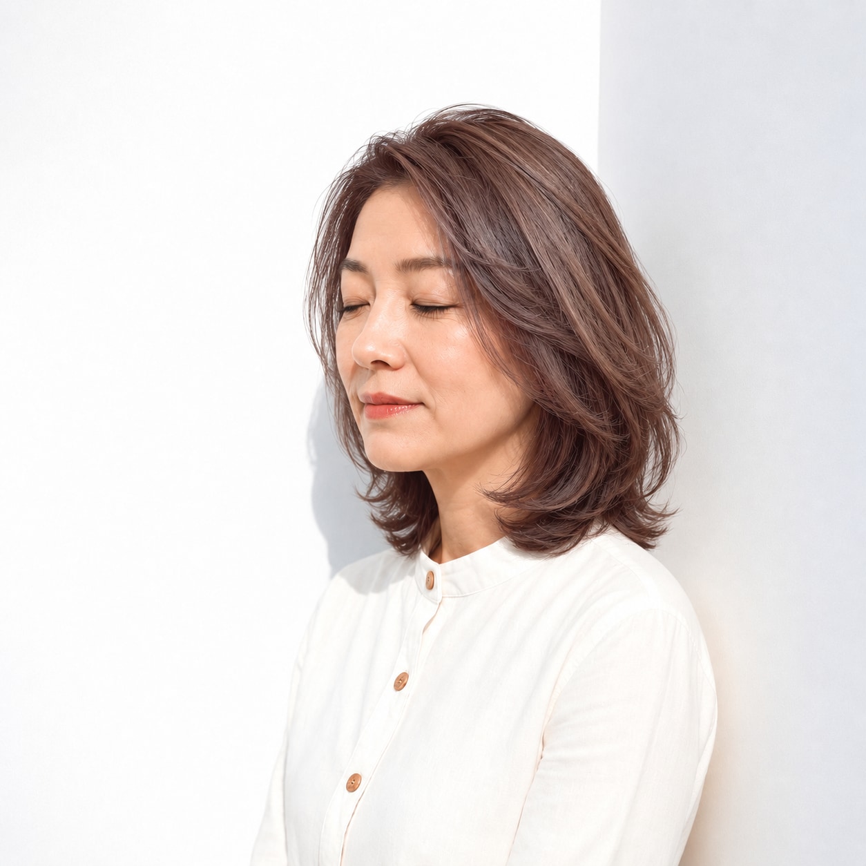 22. 横へ流す長め前髪 × ゆるいミディアム：優雅な毛流れに