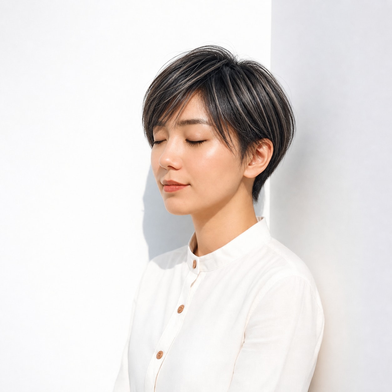 22. 黒髪ハイライト×コンパクトショート: 暗めベースに細い明るさが入り自然な立体感が出る