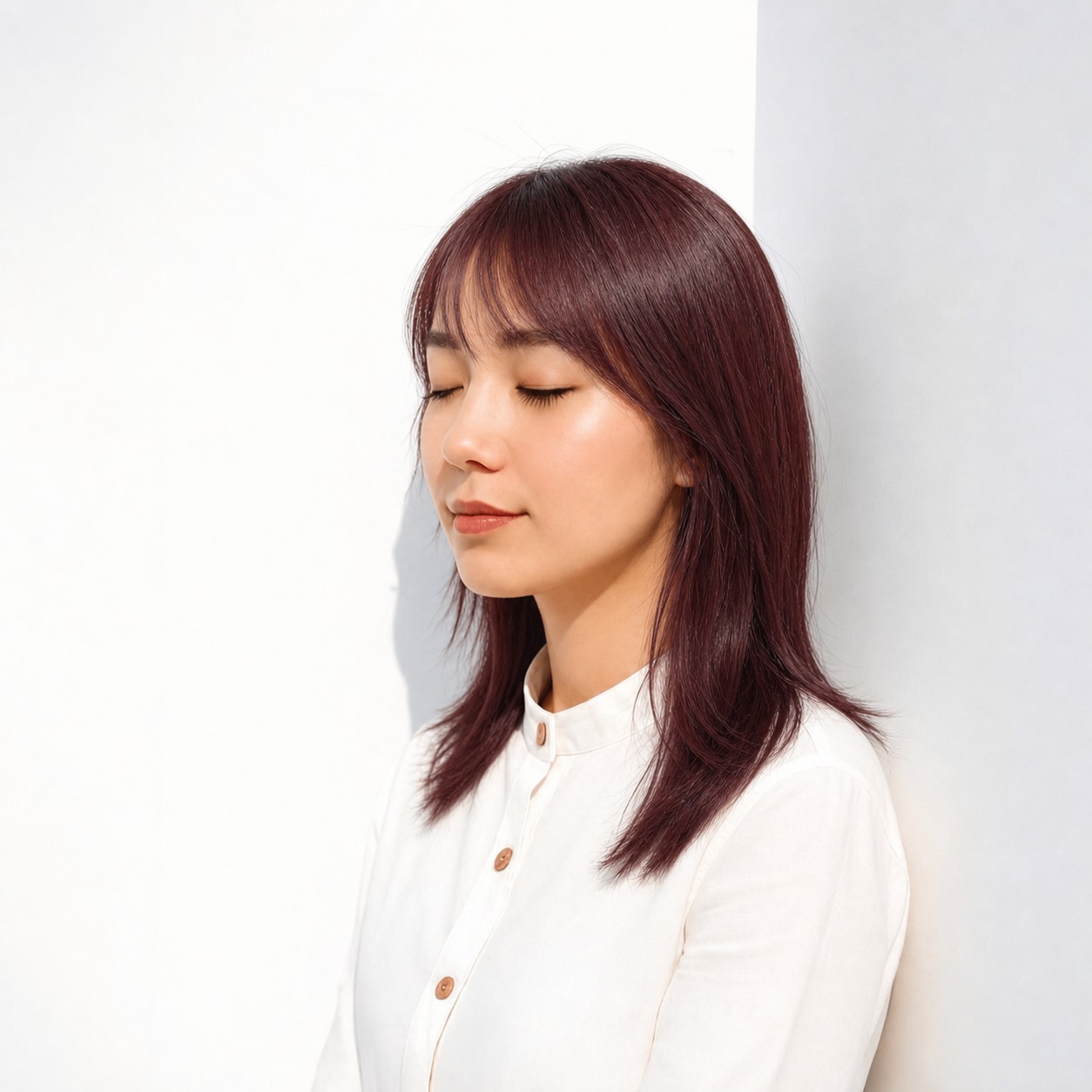 23. カシスレッド×ブリーチなし×ストレートミディアム: ベリー系の深みでストレートでも単調になりにくい