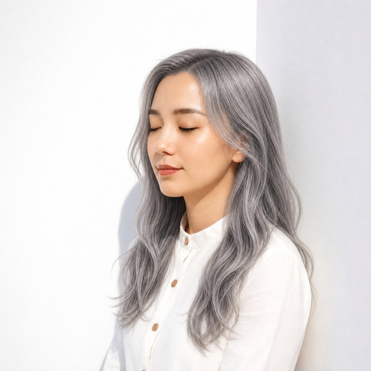 23. シルバーアッシュ×ウェーブロング: 前髪まわりの明るさで重くなりにくい