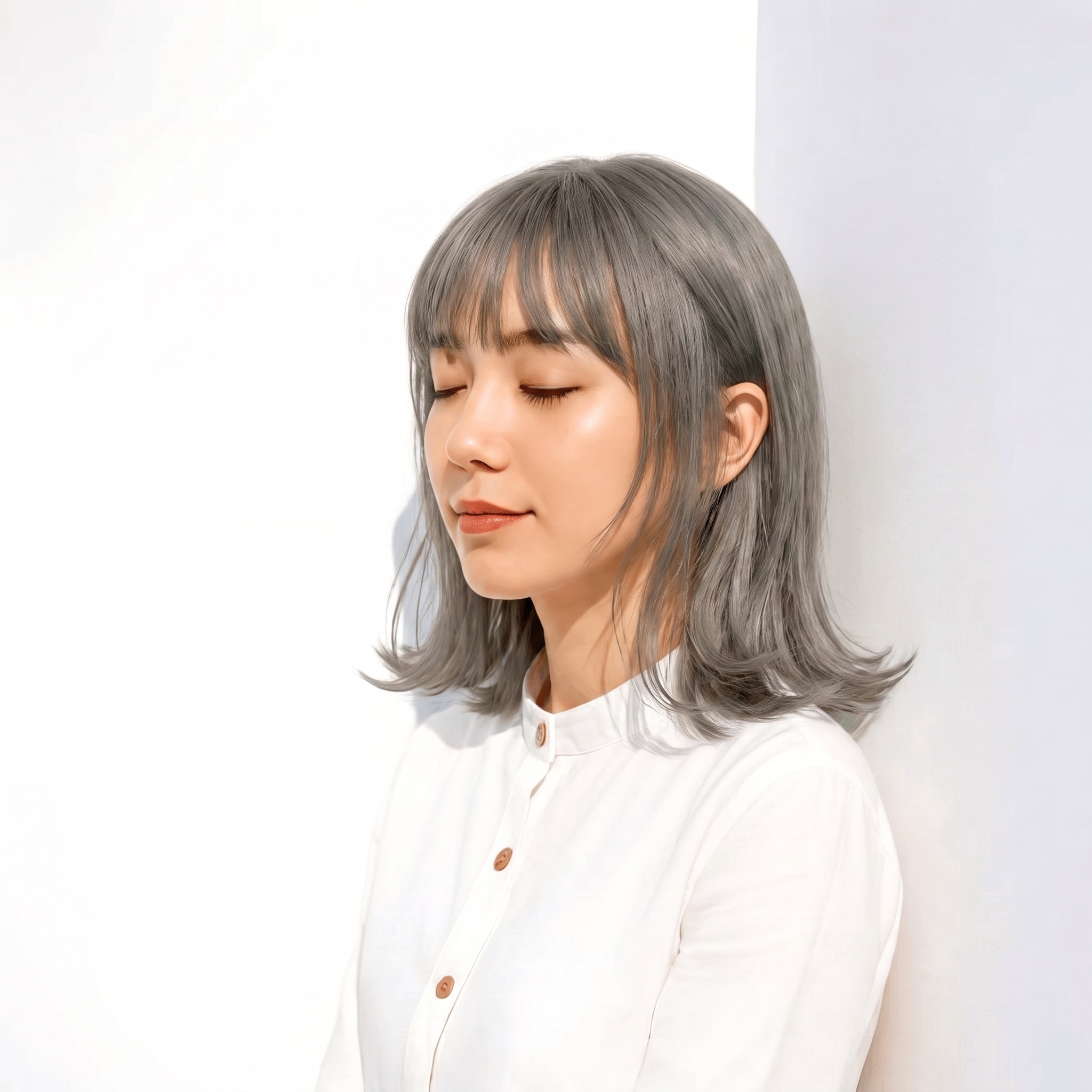 23. シルバーグレージュ×外ハネボブ: 黄みを抑えたグレーで短めボブがクリーンな印象になる
