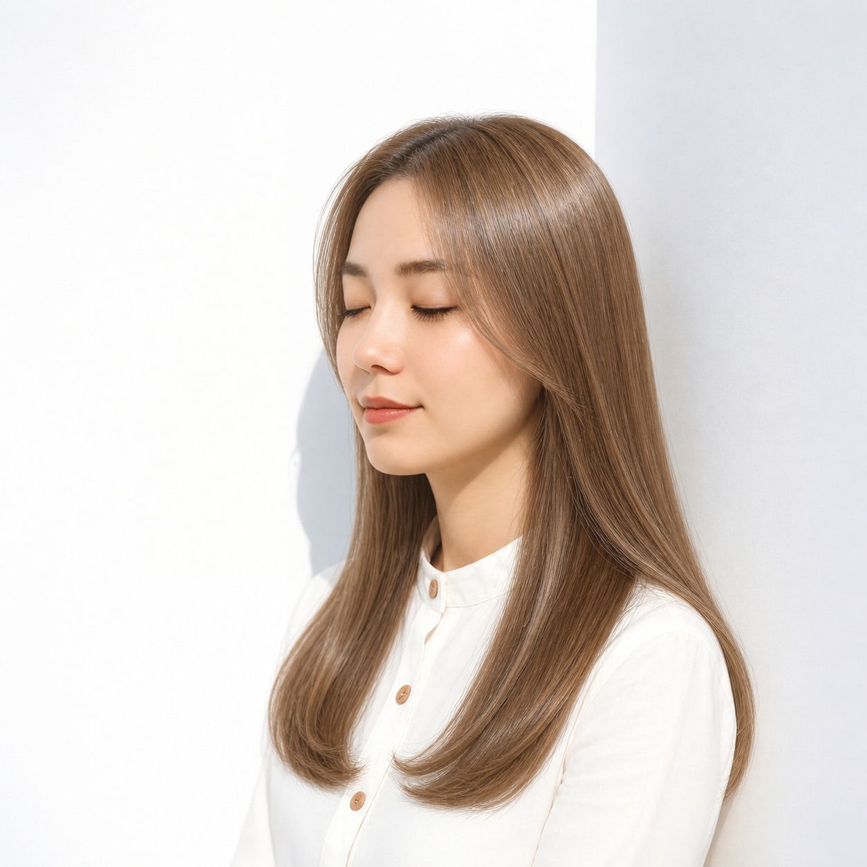落ち着いたベージュに見える前髪なしのロングヘア
