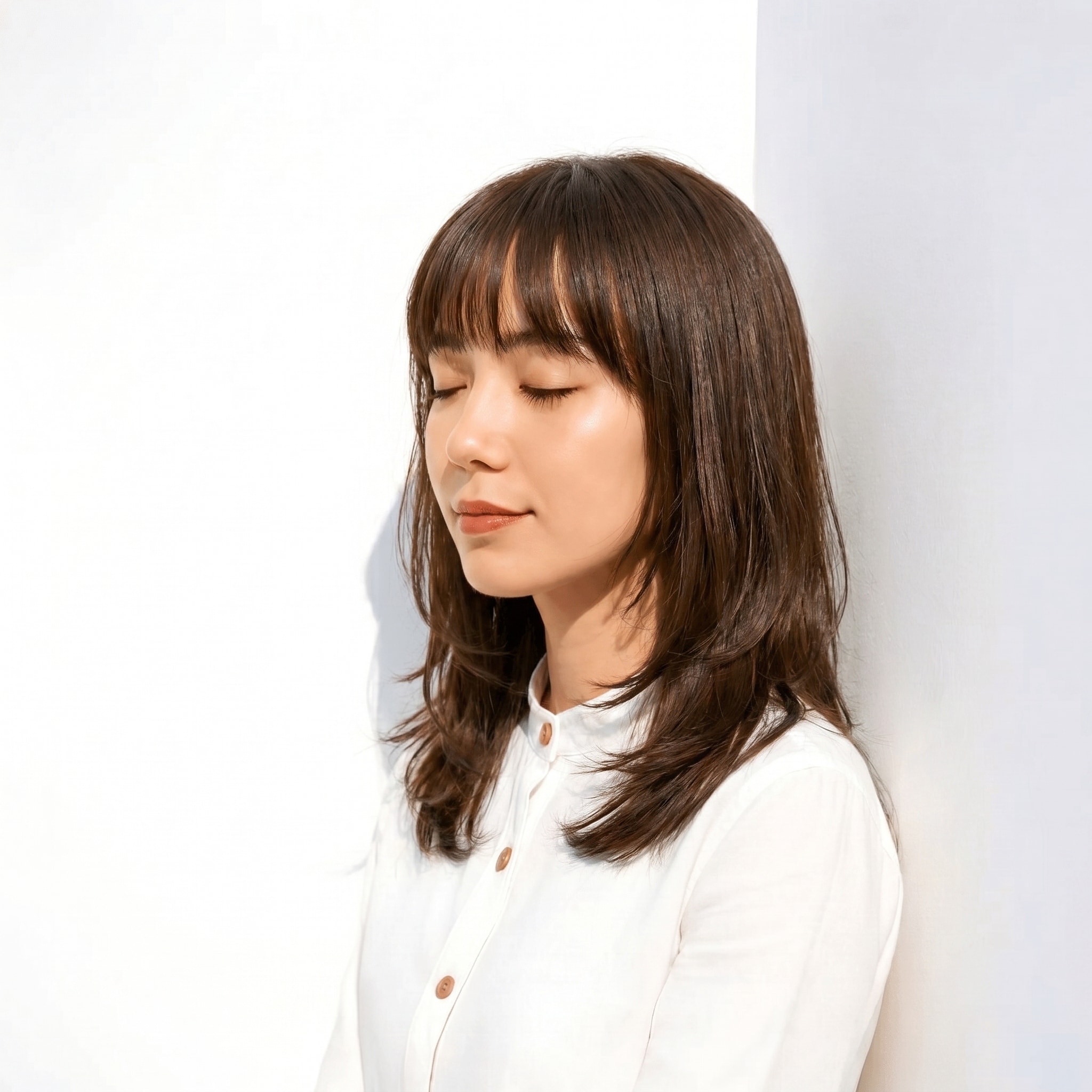 23. ブリーチなしミルクティーベージュ×前髪ありミディアム: 落ち着きと可憐さを両立するスタイル