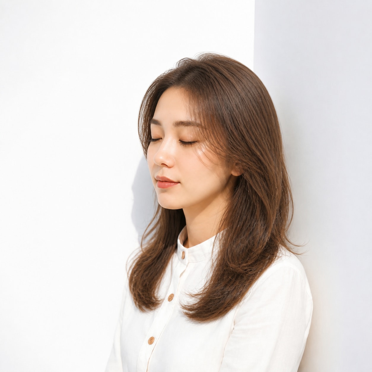 23. ヘーゼルブラウン × かき上げミディ：大人の透明感を