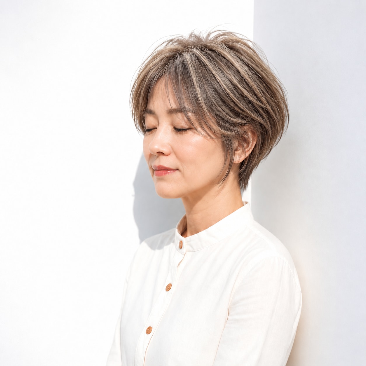 12. ベージュメッシュ × 束感ショート：トップの動きを際立たせる