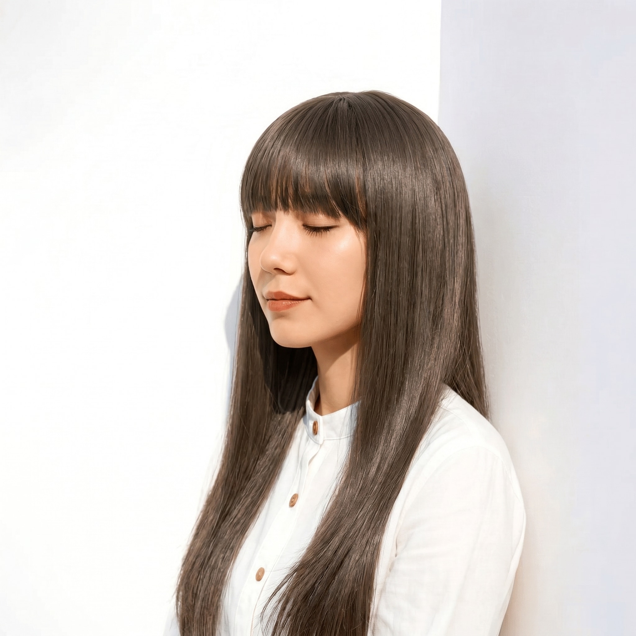 23. モカグレージュ×ストレートロング: 澄んだ発色とツヤで、髪全体を軽やかに見せる