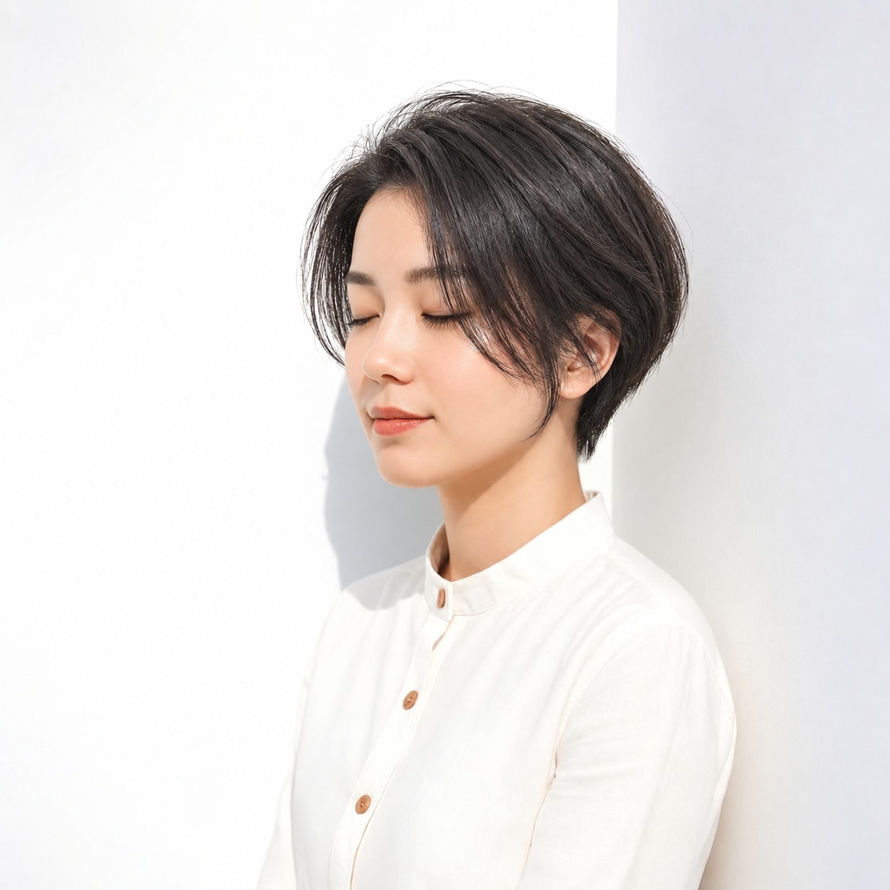 13. 黒髪レイヤーショート × 長め前髪：流れる毛先が長い前髪を軽く見せる