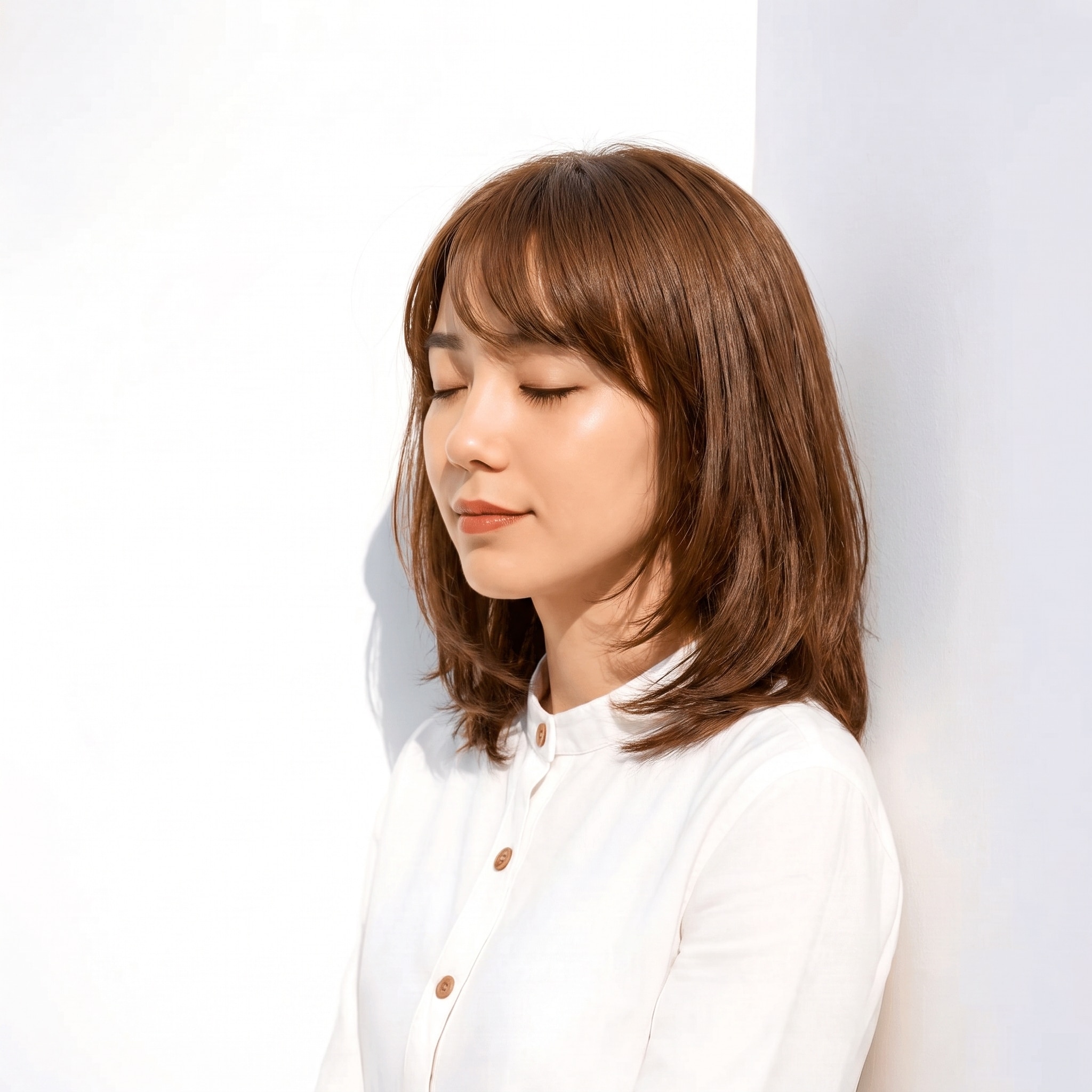 24. ココアブラウン×外ハネミディアム: 赤みを含む明るめブラウンで前髪ありミディアムが重くなりにくい