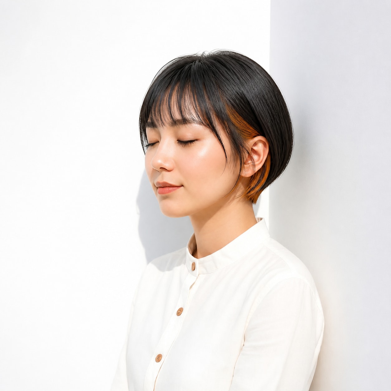 24. ショート × オレンジのインナーカラー：首元に温かみを
